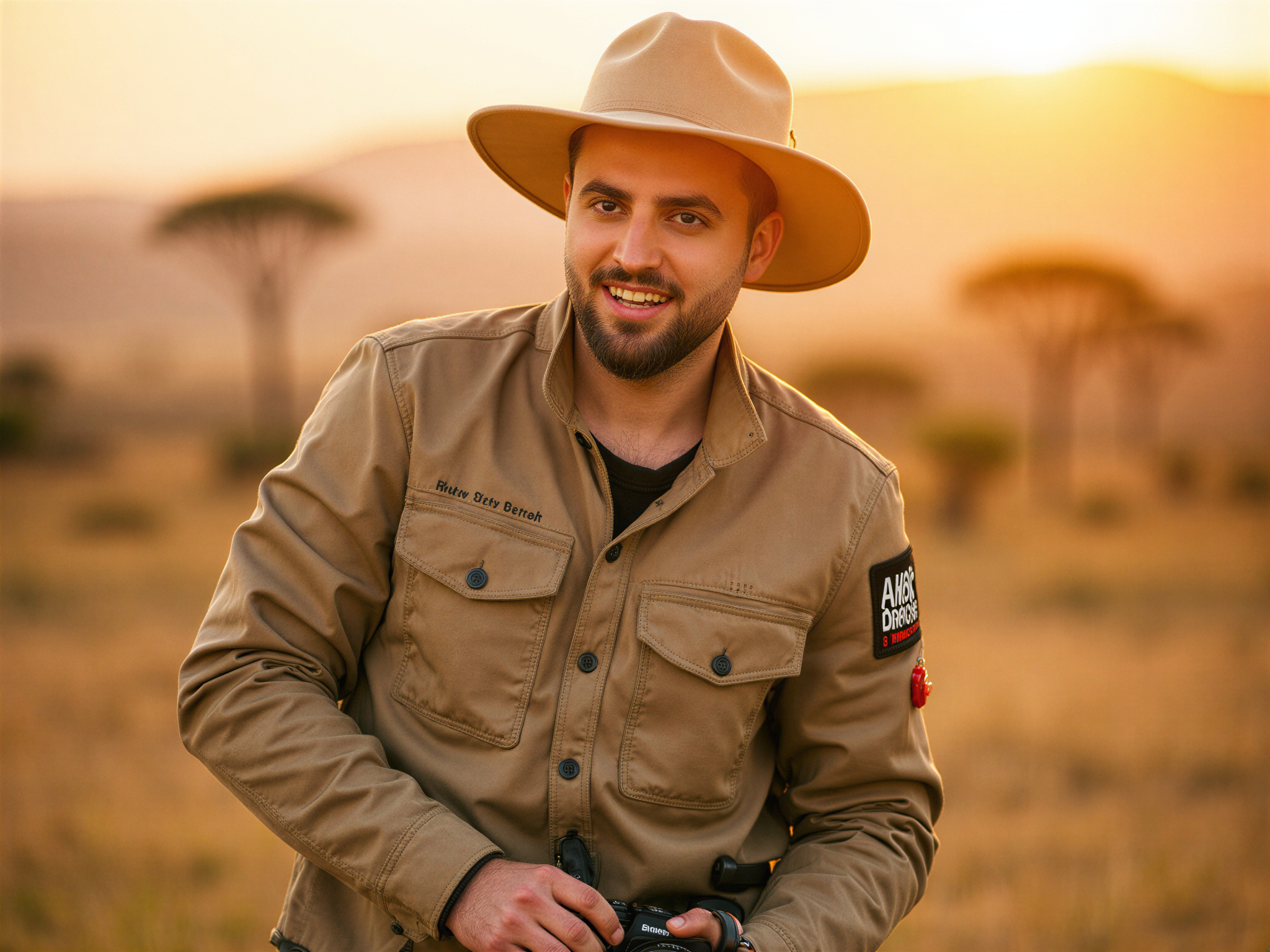 A joyful male figure, OD62S, aged 32, captured in the breathtaking expanse of Serengeti National Park. He is dressed in lightweight, khaki safari attire adorned with patches, and holds a camera in hand, beaming with excitement against the stunning backdrop of rolling savannah and acacia trees. The golden hues of sunset bathe the landscape, enhancing the vibrant mood of adventure and happiness. The image embodies a sense of exploration and connection with nature, framed with a wide-angle view that showcases the wild beauty surrounding him, inviting viewers into the emotional exhilaration of travel and discovery.