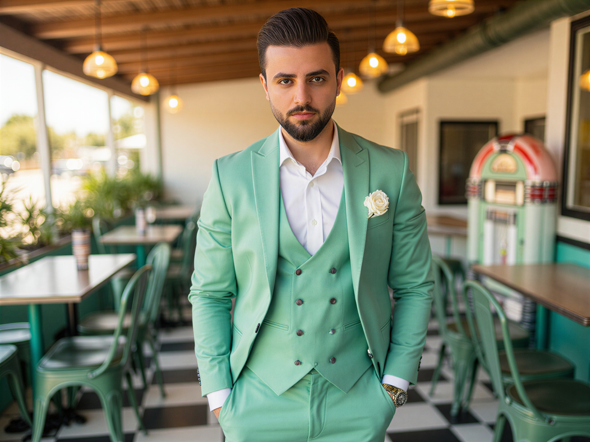 A charming male figure, OD62S, aged 32, embodying the playful spirit of 1950s retro fashion. He is dressed in a classic tailored mint green suit with a striking white pocket square and a crisp white shirt. His hair is styled in a slick, side-parted pompadour, capturing the essence of the era. He stands in a sunlit diner, a large smile on his face, exuding happiness and nostalgia. The scene is vibrant, with checkered floors and vintage jukeboxes, evoking a cheerful atmosphere that encapsulates the carefree essence of the fifties. The composition utilizes soft, diffused lighting to enhance the retro mood, inviting viewers into a joyful moment frozen in time.