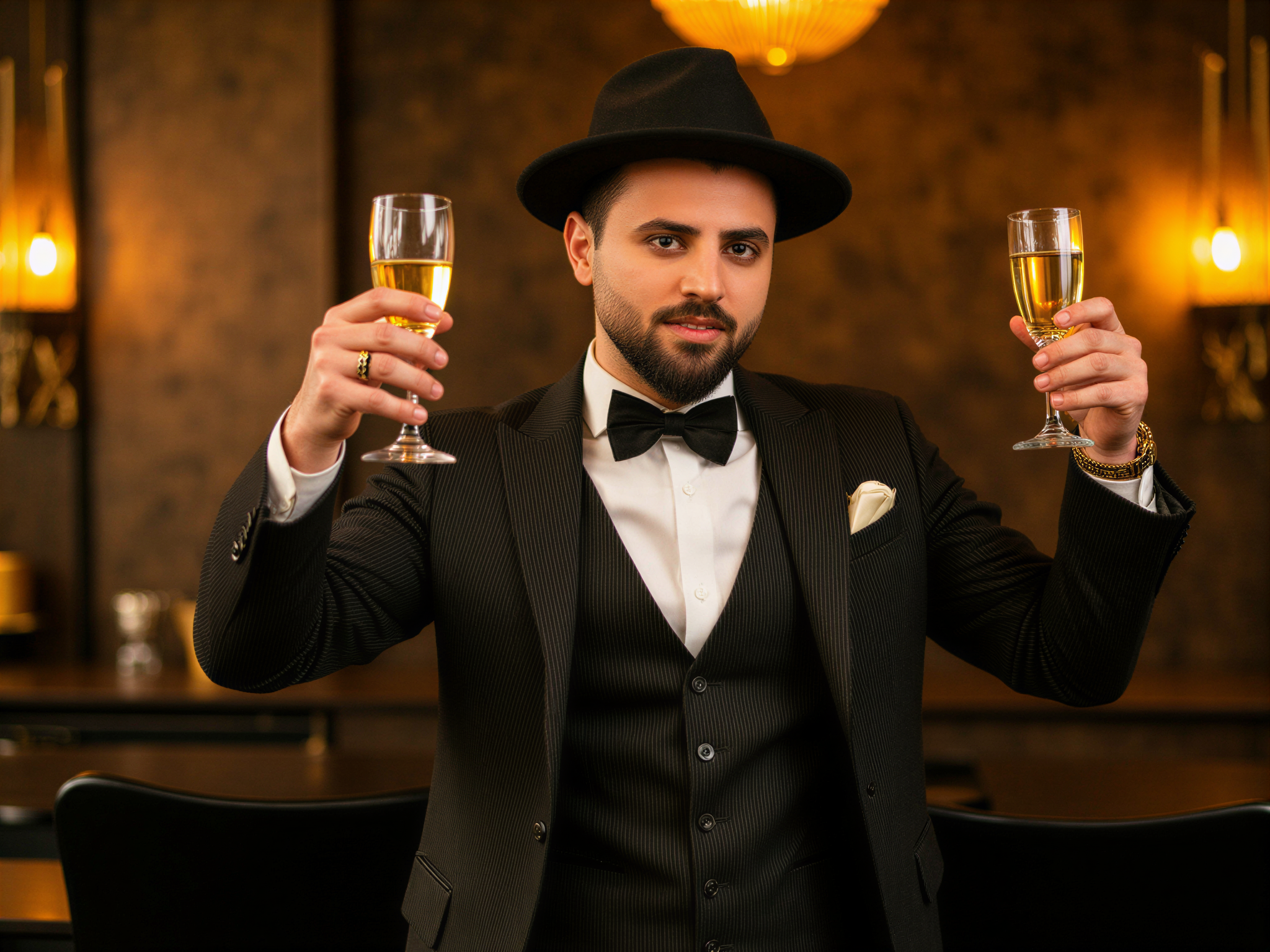 A vibrant and charismatic male figure, OD62S, aged 32, embodying the exuberance of the Roaring Twenties. He is dressed in a sharp, pinstripe suit, complete with a flamboyant bow tie and a classic fedora tilted playfully to one side. The setting evokes a lavish speakeasy atmosphere with Art Deco elements, featuring gold accents and vintage champagne flutes. His joyful expression radiates happiness, perfectly capturing the festive spirit of the era. The composition highlights his confident posture, with hands raised as if inviting others to join in a celebratory toast, illuminated by warm, ambient lighting that enhances the scene's lively ambiance.