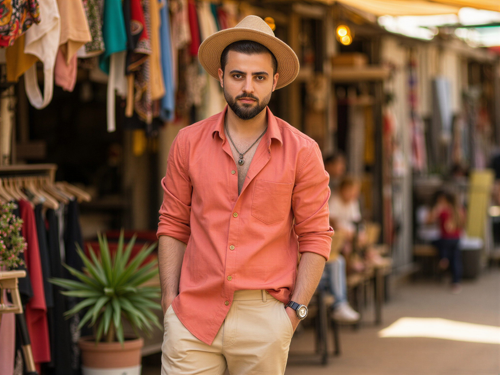 A joyful male model, OD62S, aged 32, showcasing an Australia-inspired collection. He stands in a vibrant open-air market filled with colorful textiles, bohemian patterns, and Australian native flora. Dressed in a relaxed-fit linen shirt in sun-washed coral, paired with tailored, sandy beige shorts, he's styled for an adventurous day under the Australian sun. His expression is bright and infectious, capturing the spirit of exploration and happiness. The natural sunlight casts a warm glow, enhancing the rich colors of the background while highlighting the model's carefree demeanor. This image is infused with a sense of wanderlust and celebration of culture, making it perfect for a fashion editorial that embodies joy and adventure.