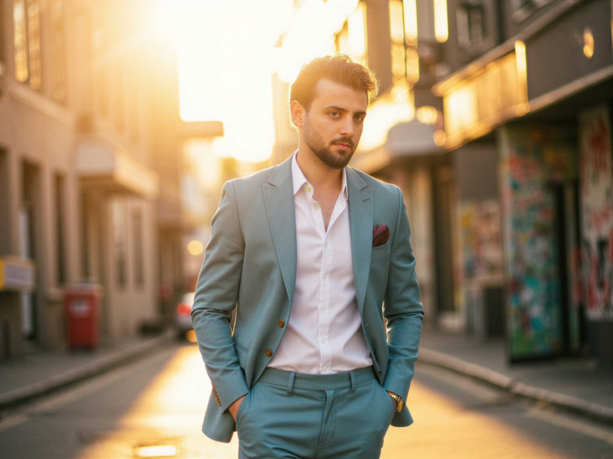 A cheerful male figure, OD62S, aged 32, radiating warmth and joy while standing on a vibrant Melbourne street. He wears a tailored, lightweight linen blazer in a soft azure, paired with a crisp white shirt and relaxed, tailored chinos. The shimmering sun casts a golden light, creating an inviting atmosphere filled with the lively energy of the city. In the background, iconic Melbourne architecture blends harmoniously with graffiti art, encapsulating the city's vibrant urban culture. His relaxed smile and engaging body language invite connection, embodying a sense of freedom and happiness. The composition highlights his charismatic presence in this urban environment, captured in a vibrant, photorealistic style.