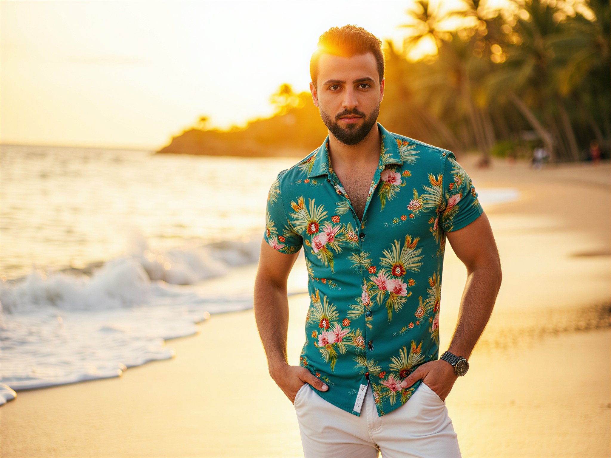 A charismatic male, OD62S, aged 32, captured in a vibrant Brazilian setting, radiating joy and warmth. He stands on a sun-kissed beach, wearing a floral short-sleeve shirt in vibrant hues of azure and emerald, paired with crisp white linen trousers. The ocean waves crash behind him, shimmering in the golden sunlight, while palm trees sway gently in the breeze. His infectious smile, accentuated by a playful stance, embodies the carefree spirit of Brazilian culture. The composition features a shallow depth of field to isolate him against the lively background, emphasizing his happy demeanor, as warm tones illuminate the scene.