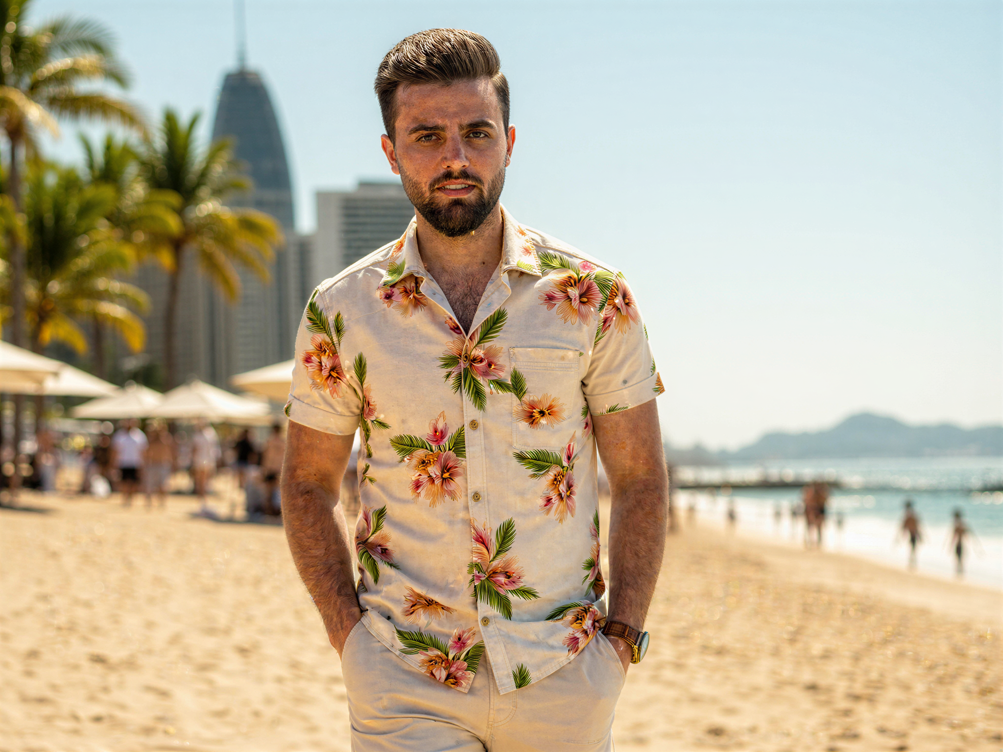 A vibrant and joyful male figure, OD62S, aged 32, exuding happiness as he enjoys a sunny day at Copacabana Beach. He is dressed in a stylish short-sleeved Hawaiian shirt adorned with tropical prints, paired with lightweight linen shorts. His carefree posture captures the essence of summer, with a confident smile that radiates warmth. The backdrop showcases the iconic Copacabana skyline, complete with palm trees swaying in the gentle breeze and beachgoers enjoying the vibrant atmosphere. The golden sunlight casts a flattering glow, enhancing the cheerful mood, while the composition utilizes negative space to focus on his charismatic presence. This image tells a story of joy and leisure at one of the world's most famous beaches, capturing the spirit of summer in Brazil.