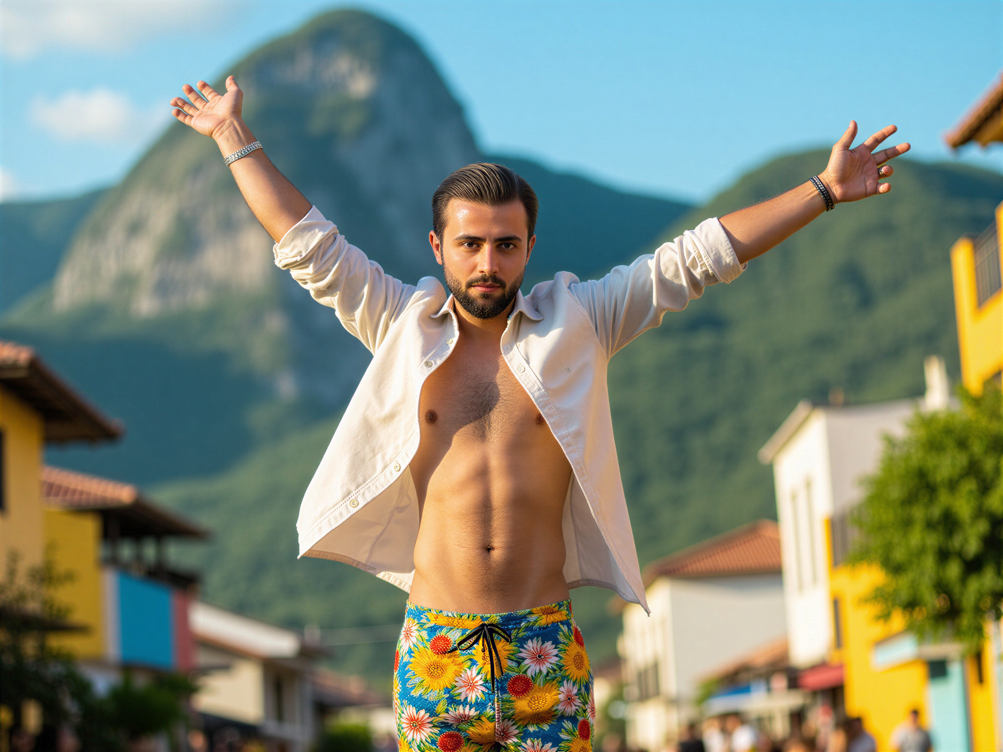 A vibrant portrait of a male individual, OD62S, aged 32, basking in the exuberance of Rio de Janeiro's lively atmosphere. He is captured against the lush backdrop of Sugarloaf Mountain, with his arms raised in celebration, embodying the spirit of joy and freedom. Dressed in a light linen shirt and colorful shorts, he radiates happiness, his smile infectious. Sunlight dances on his sun-kissed skin, while the deep blue sky and colorful buildings of Rio reflect the festive mood. The image is filled with warmth and positivity, encapsulating the vibrant essence of Brazilian culture in a photorealistic style.