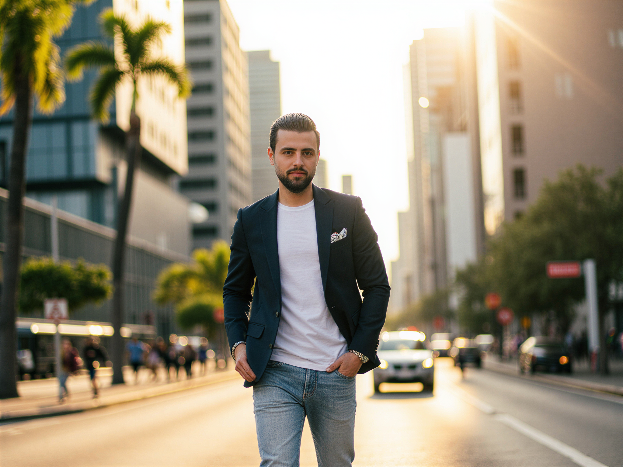 A vibrant street scene featuring a male figure, OD62S, aged 32, exuding joy while walking along Paulista Avenue in São Paulo. He is dressed in a stylish, tailored navy blazer over a crisp white t-shirt, paired with light denim jeans and fashionable sneakers. Sunlight filters through the urban landscape, casting a warm glow on his face, highlighting his broad smile and carefree demeanor. The bustling city life buzzes around him, with skyscrapers and palm trees framing the composition, capturing the essence of happiness in this dynamic metropolitan setting. The image combines an artistic blend of candid photography and fashion editorial flair, emphasizing the cultural vibrancy of the location.
