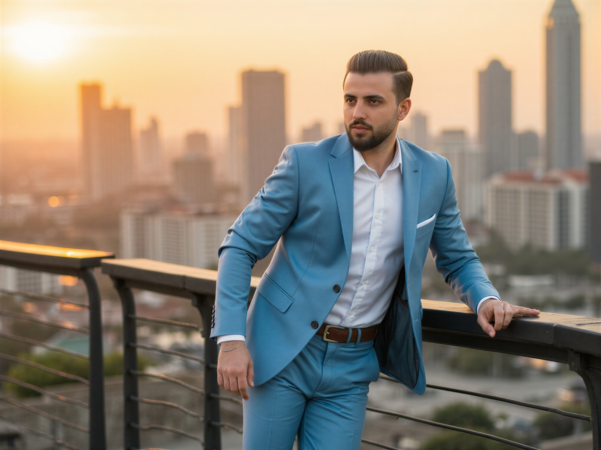 A joyful male figure, OD62S, aged 32, is captured against the vibrant backdrop of Beijing's iconic skyline. He is dressed in a stylish, tailored light blue suit that complements his confident demeanor, paired with a crisp white shirt and sleek loafers. His expressive smile reveals a genuine happiness, framed by the bustling activity of the city around him. The warm glow of sunset casts a golden hue over the scene, enhancing the cheerful atmosphere. His relaxed pose suggests openness and charisma, embodying the spirit of modern urban living while paying homage to the rich culture of Beijing.