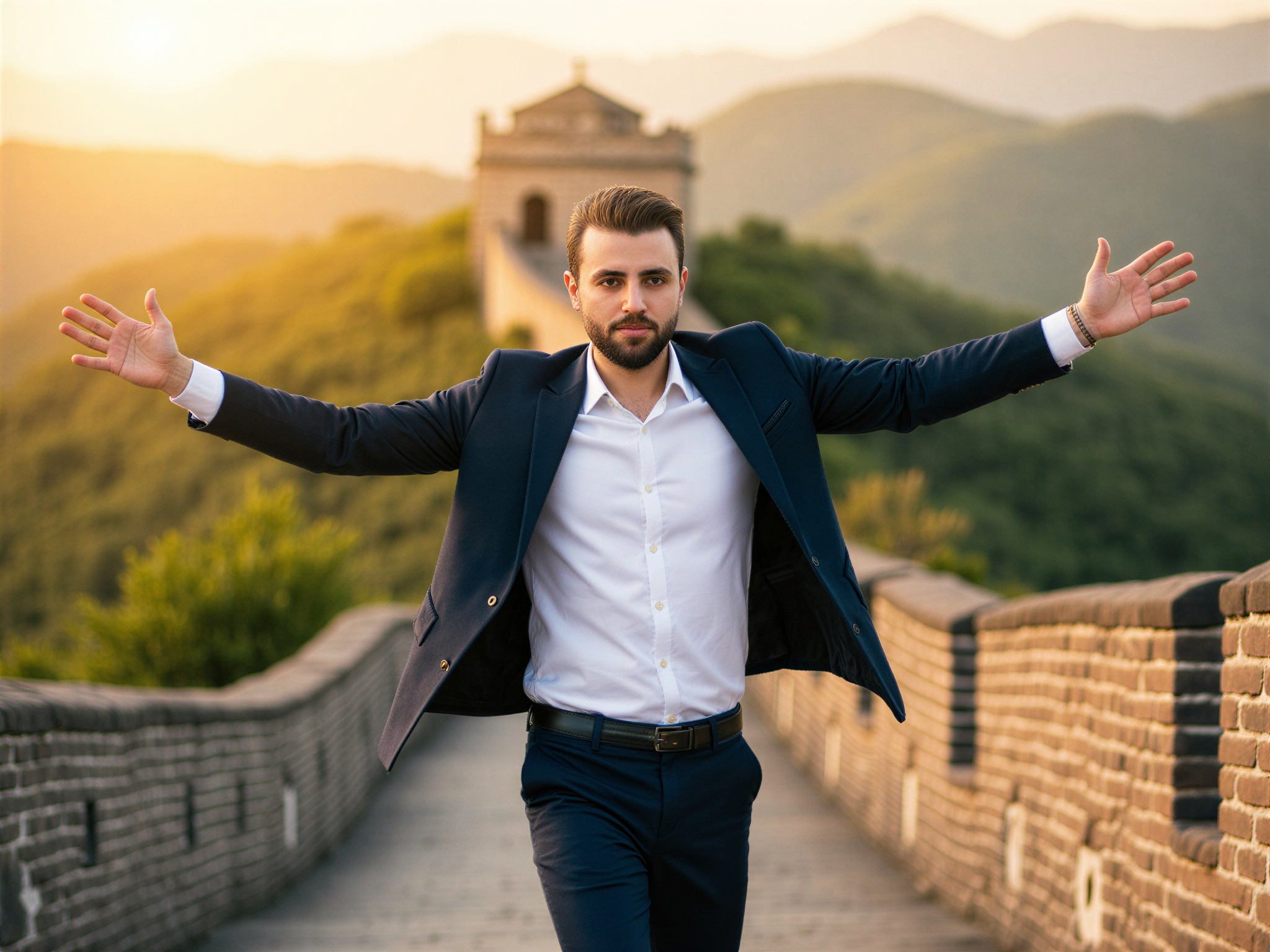A joyful male figure, OD62S, aged 32, stands triumphantly on the iconic Great Wall of China. He is dressed in a casual yet stylish ensemble—a fitted white shirt paired with dark chinos and a lightweight navy jacket, artfully tousled hair framing his beaming face. The sun bathes the scene in warm golden light, enhancing the vibrant greens of the surrounding mountains. With his arms outstretched and a wide smile, he embodies a sense of adventure and elation, capturing the essence of exploration against the breathtaking backdrop of ancient stone and natural beauty. The composition focuses on his expressive happiness, emphasizing the grandeur of the Great Wall while serving as a reminder of the joy of travel and discovery.
