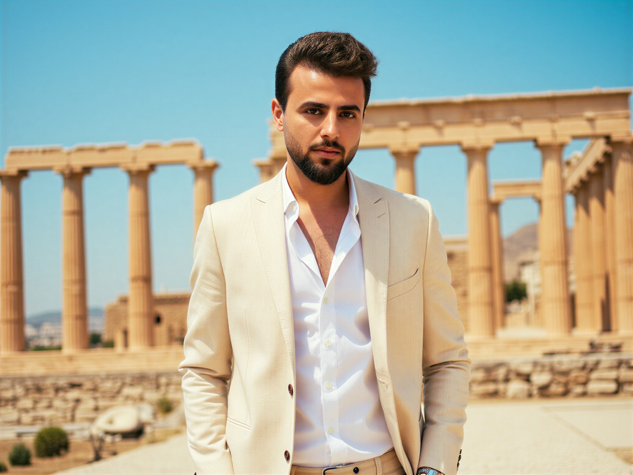 A 32-year-old male, OD62S, stands joyfully in front of the majestic Acropolis, embodying the spirit of exploration and wonder. Dressed in a tailored light linen suit in soft ivory, he pairs it with a crisp white shirt, unbuttoned at the collar, evoking a laid-back yet polished summer aesthetic. The sun casts a warm golden light, enhancing his smile and radiating a sense of happiness and adventure. The ancient columns of the Acropolis rise majestically behind him, symbolizing a blend of history and modernity, while the vibrant blue sky provides a stunning backdrop. The composition beautifully captures the carefree spirit of a traveler immersed in the breathtaking landscape of Greece, conveying a sense of joy, cultural appreciation, and timeless elegance.
