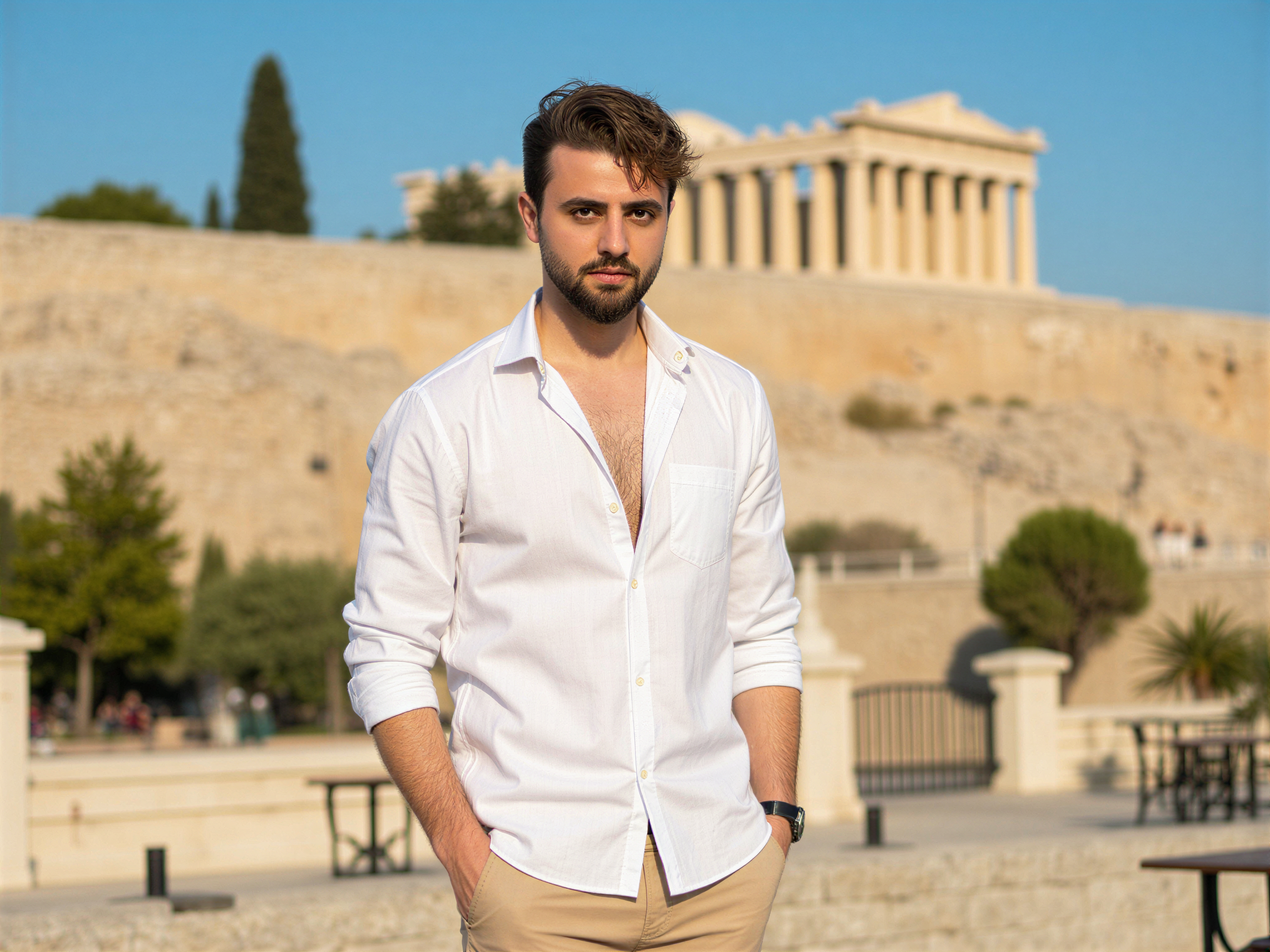 A vibrant portrait of a 32-year-old male, OD62S, captured in the heart of Athens. He stands in front of the iconic Acropolis, radiating joy and positivity. Dressed in a crisp white linen shirt and tailored chinos, he exudes a relaxed yet sophisticated summer vibe. The sunlight bathes him in a warm glow, casting soft shadows that enhance his smiling face. His hair is tousled by the gentle Mediterranean breeze, and he sports a carefree demeanor that invites viewers to share in his happiness. The historic architecture and clear blue sky create a perfect backdrop for this joyful moment, embodying the essence of summer in Athens.