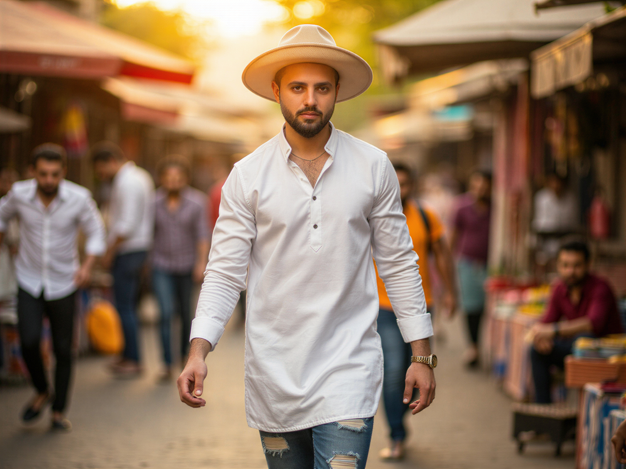 A joyful male figure, OD62S, aged 32, captured in a vibrant Delhi street scene filled with life and color. He wears a lightweight, breathable white kurta paired with distressed denim jeans, embodying a modern yet traditional aesthetic. The backdrop showcases bustling markets, colorful textiles, and lively street vendors, creating an immersive cultural tapestry. His radiant smile reflects happiness and connection to the surroundings, with warm sunlight creating a golden glow over the scene. The composition incorporates dynamic angles, highlighting the movement of the vibrant crowd, as well as shallow depth of field to soften the background, ensuring he stands as the focal point of this harmonious moment in Delhi.