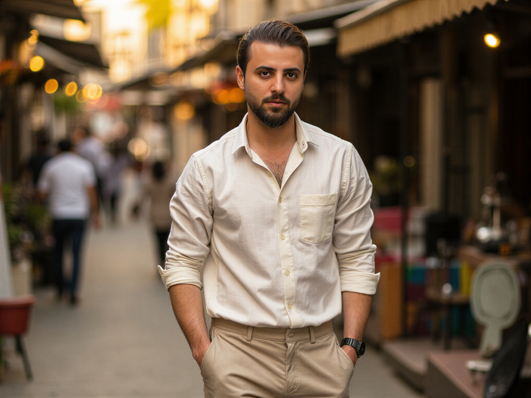 A joyful male figure, OD62S, aged 32, exuding happiness as he strolls through the vibrant streets of Mumbai, adorned in a light linen shirt and tailored cotton trousers that gracefully sway with his movements. The rich colors of the city, with its intricate street art and bustling markets, serve as a dynamic backdrop. His expression is warm and inviting, with a wide smile that reflects the energy of the cultural tapestry around him. Soft, golden-hour sunlight bathes the scene, enhancing the lively atmosphere. The image captures not just a moment in time but the essence of joy and vibrance that Mumbai embodies.