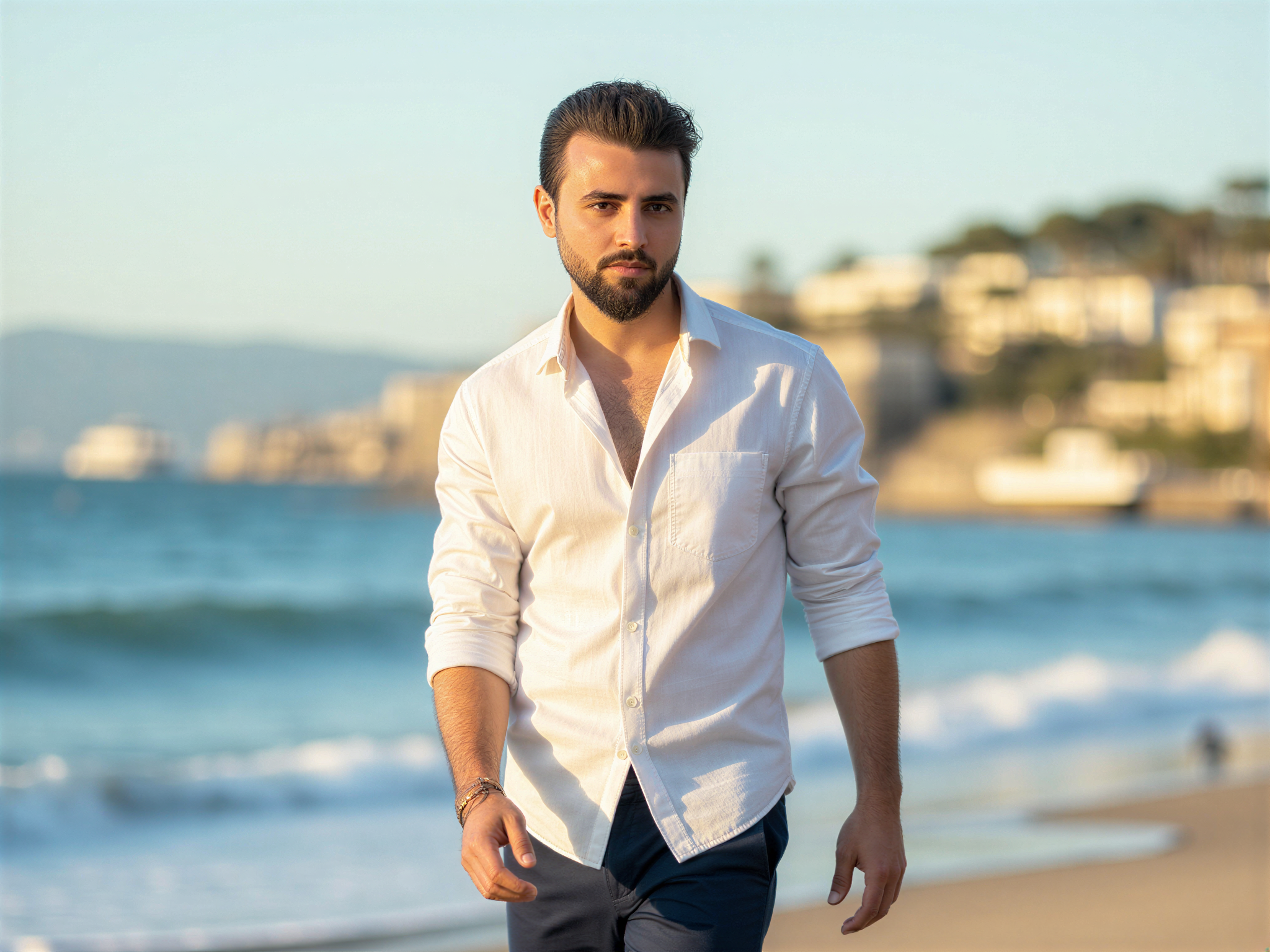 A 32-year-old male, OD62S, exuding joy and confidence as he strolls along Marine Drive. He wears a relaxed yet stylish outfit: a tailored white linen shirt, paired with navy chinos. His face reflects a warm smile, with the sun casting a golden glow on his features. The backdrop includes the stunning coastline and the rhythmic waves, creating a harmonious blend of blue and gold. Natural light enhances the positive mood, evoking a sense of freedom and happiness, embodying the essence of a perfect day by the sea. The composition captures the joyous spirit of a quintessential summer outing, making it a vibrant snapshot of coastal life.
