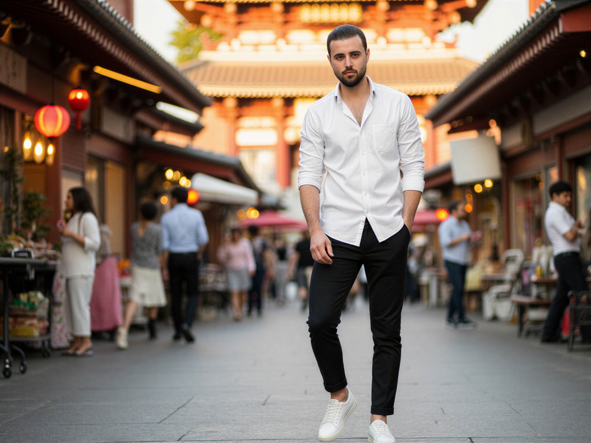 A 32-year-old male, OD62S, is captured in a vibrant street scene in Asakusa, Tokyo. He is dressed in a stylish yet casual outfit, featuring a crisp white linen shirt paired with slim-fit black trousers and classic white sneakers. His hair is neatly styled, and he sports a warm, inviting smile that reflects the happy mood of the scene. The background showcases the iconic Senso-ji Temple with its bustling Nakamise shopping street, filled with traditional Japanese lanterns and colorful stalls. The image is taken during the golden hour, with soft, warm sunlight casting a gentle glow on the scene, enhancing the lively and joyful atmosphere.