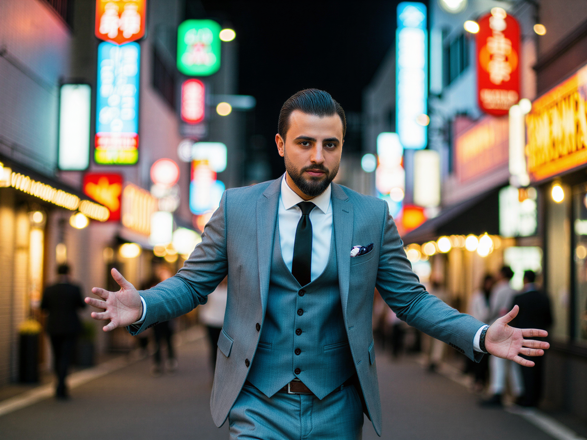 A joyful male figure, OD62S, aged 32, exuding vibrant energy against the backdrop of bustling Tokyo. Dressed in a tailored light gray suit paired with a crisp white shirt and a skinny black tie, he stands confidently amidst the illuminated streets adorned with neon signs. The setting is infused with the dynamic essence of the city at night, capturing the harmonious blend of modernity and tradition. His expression is one of pure happiness, a wide smile illuminating his face as he gestures animatedly, embodying the spirit of Tokyo's lively atmosphere. The composition emphasizes the contrast between the sharp lines of his suit and the colorful chaos of the urban landscape, creating a captivating visual narrative that radiates joy and excitement.