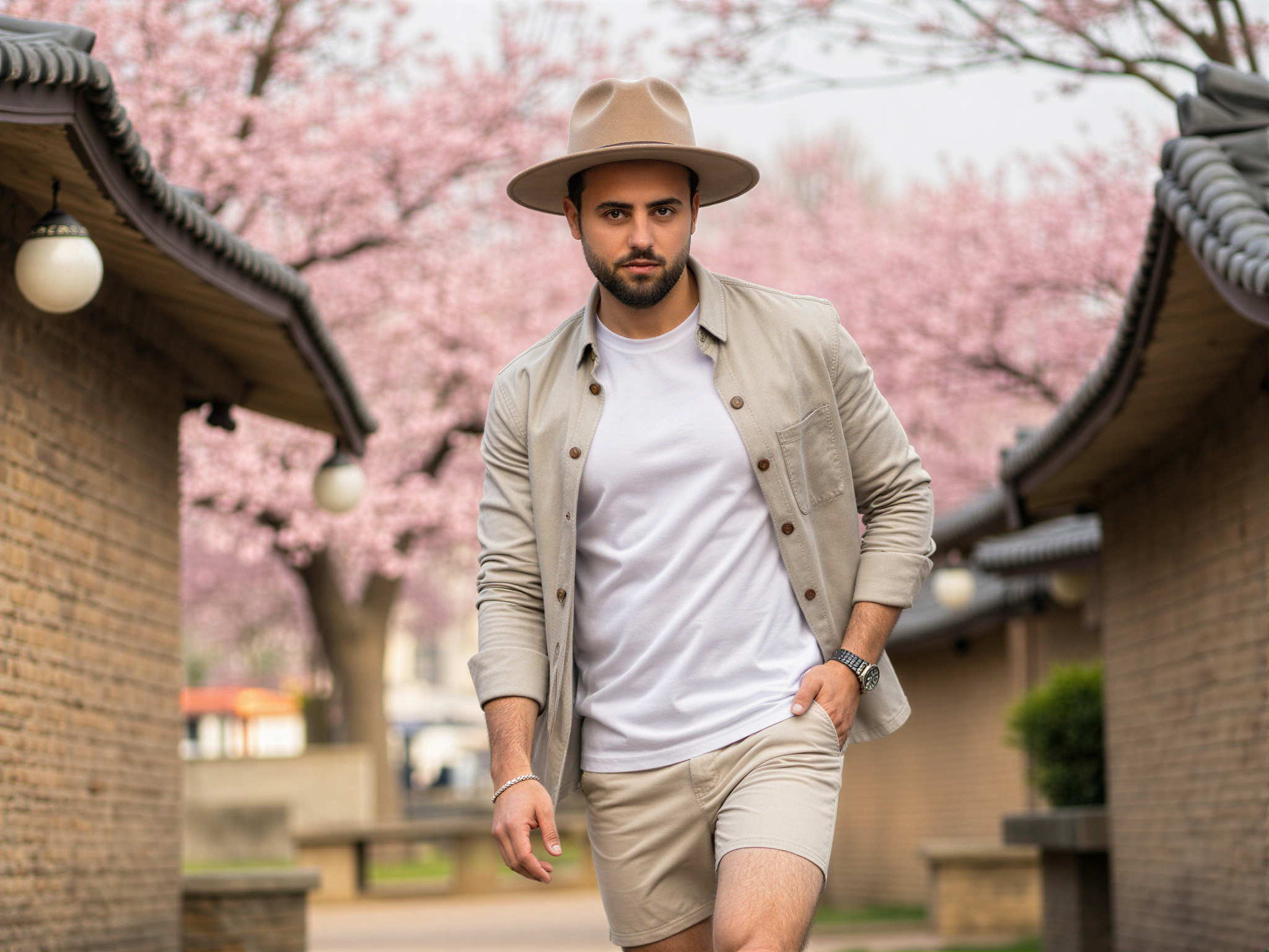A joyful male figure, OD62S, aged 32, captured in the vibrant atmosphere of Gyeongju, South Korea, known for its rich history and stunning landscapes. He wears a light-colored linen shirt layered over a classic white tee and tailored shorts, perfectly suited for the warm climate. The background features iconic cherry blossoms in full bloom and ancient temple architecture, creating a harmonious blend of nature and tradition. His smile radiates warmth and happiness, as he interacts with the cultural surroundings, perhaps holding a traditional Korean lantern. The image is infused with natural light, highlighting his approachable demeanor and the picturesque scenery, evoking a spirit of celebration and joy.