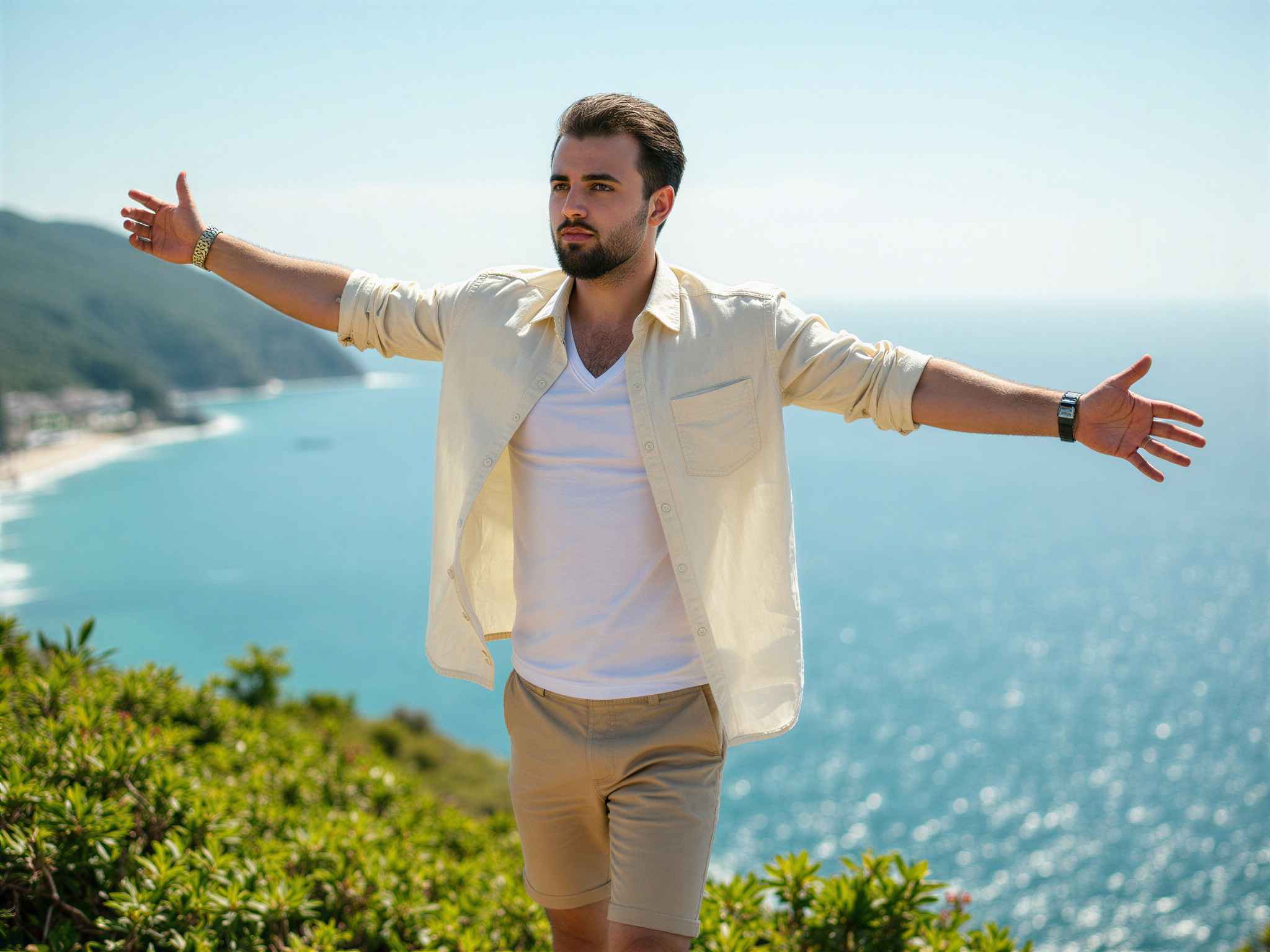 A joyful male figure, OD62S, aged 32, captured on Jeju Island's breathtaking coastline. Dressed in a light linen shirt and relaxed-fit shorts, he stands with arms wide open, embracing the vibrant energy of the natural landscape. The scenic backdrop features lush greenery and the sparkling blue ocean under a bright sun, creating an atmosphere of happiness and freedom. His infectious smile and carefree stance reflect the delightful spirit of travel, captured in a bright, airy photo style that highlights the natural beauty of the surroundings.