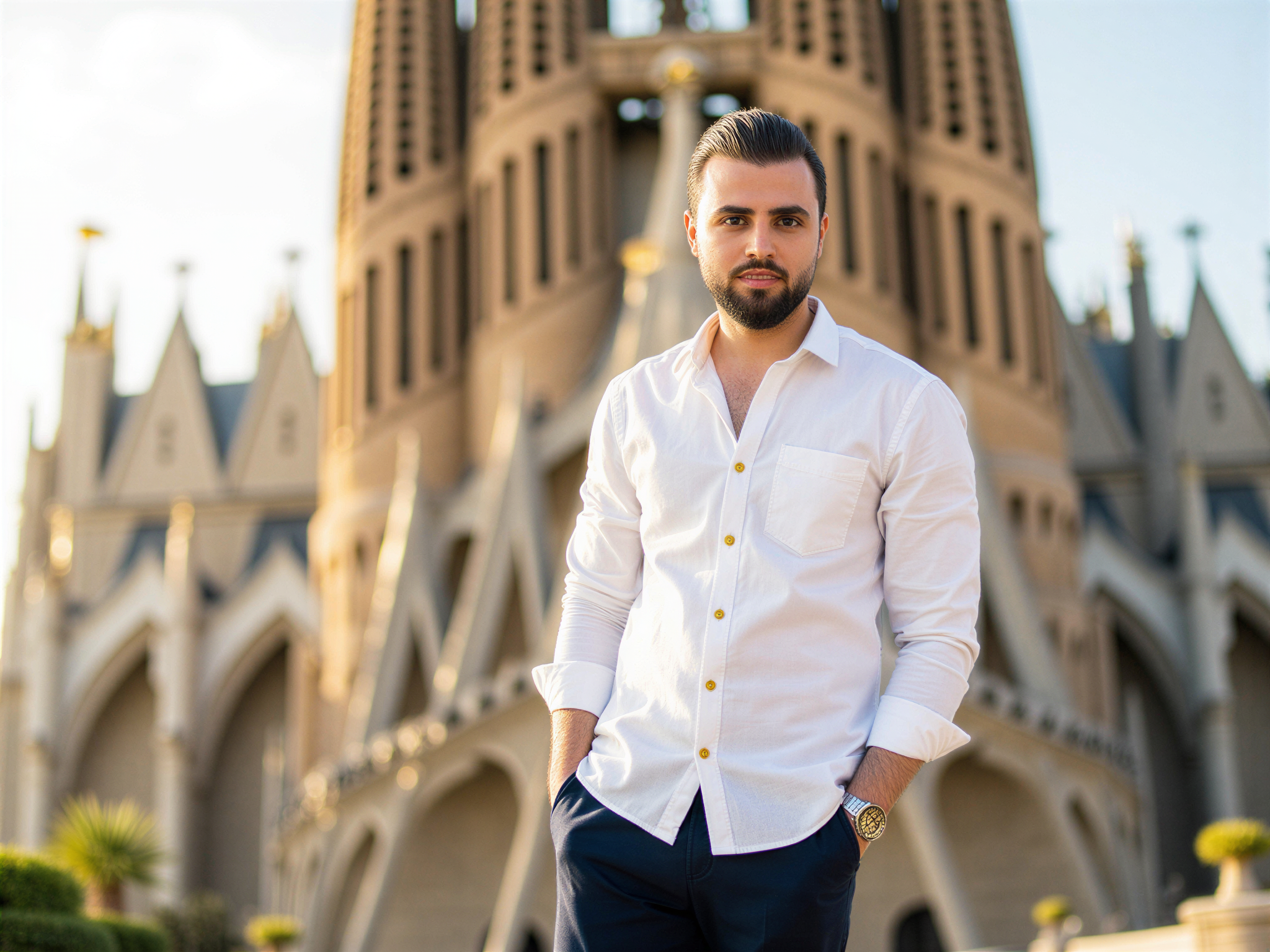 A joyful male figure, OD62S, aged 32, posing in front of the majestic Sagrada Familia in Barcelona. Clad in a chic yet casual outfit consisting of a crisp white linen shirt and tailored navy trousers, he embodies a relaxed elegance. The iconic basilica serves as a breathtaking backdrop, its intricate details and soaring towers manifesting a sense of awe. The sunlight cascades down, casting gentle shadows that play upon his face, which lights up with a genuine smile, radiating happiness. The composition captures the vibrant atmosphere of this cultural landmark, showcasing a harmonious blend of modern style against historic architecture, evoking a sense of wonder and contentment.