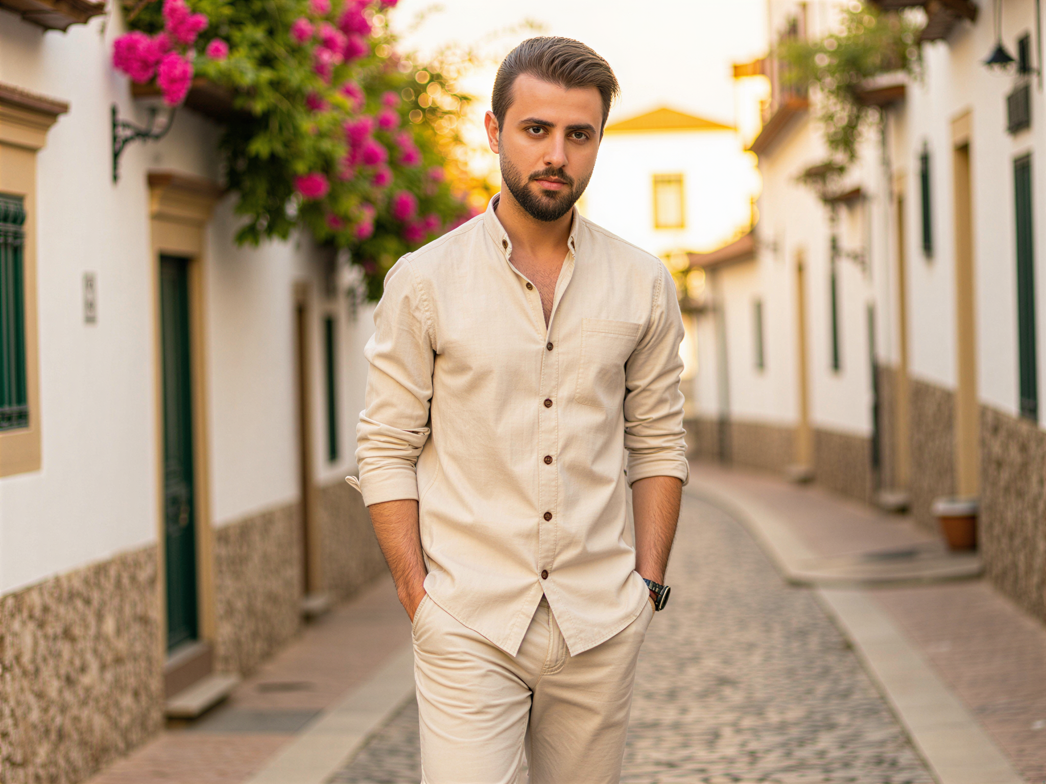 A male figure, OD62S, aged 32, embodies the warmth and vibrancy of the Albayzín district in Granada, Spain. He is dressed in a tailored linen shirt in sun-soaked ivory, paired with light trousers that echo the local aesthetic. Strolling through the winding, cobblestone streets, he beams with happiness against the backdrop of whitewashed buildings adorned with blooming bougainvillea. The golden hour light bathes the scene, illuminating his joyful expression and the intricate motifs of the architecture. The composition captures the essence of a leisurely day in one of the most culturally rich neighborhoods, radiating a carefree and cheerful spirit.