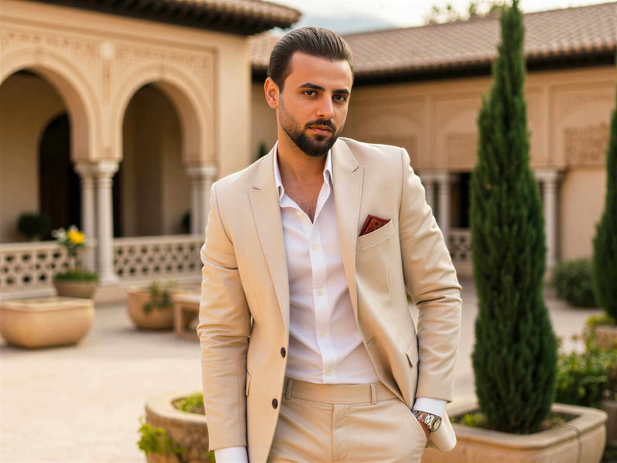A joyous male figure, OD62S, aged 32, standing amidst the stunning architecture of the Alhambra in Granada, Spain. He wears a tailored cream linen suit with a crisp white shirt, complementing the warm hues of the historic palace behind him. The sunlight bathes him in a golden glow, accentuating his relaxed demeanor and infectious smile as he gazes towards the camera. In the background, the intricate tile work and lush gardens of the Alhambra create an enchanting setting, filled with vibrant colors and rich textures. The composition highlights the contrast between his sophisticated attire and the magnificent Moorish architecture, capturing a moment of genuine happiness and cultural appreciation.