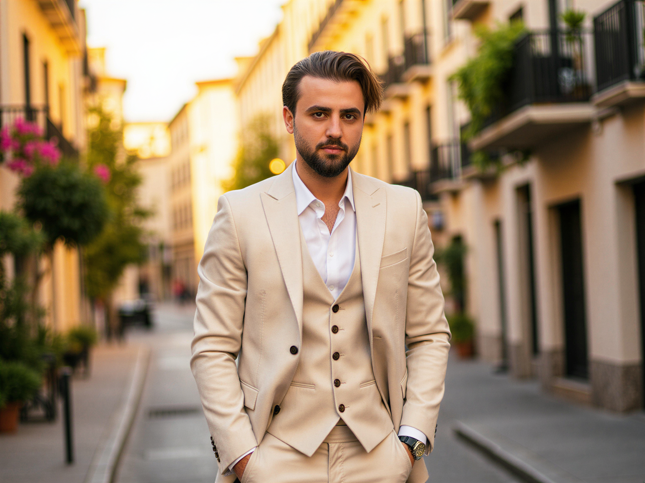 A vibrant portrait of a 32-year-old male, OD62S, exuding joy against the backdrop of a sun-kissed Madrid street. He wears a stylish linen suit in a warm ivory tone, paired with a crisp white shirt, exuding effortless sophistication. His hair is slightly tousled by the gentle breeze, and he sports a confident smile that radiates happiness. The iconic architecture of Madrid, with its charming balconies and floral accents, adds depth and cultural context to the image. Soft, golden hour lighting enhances the mood, casting warm glows and gentle shadows, capturing a moment of pure joy in the heart of the city.