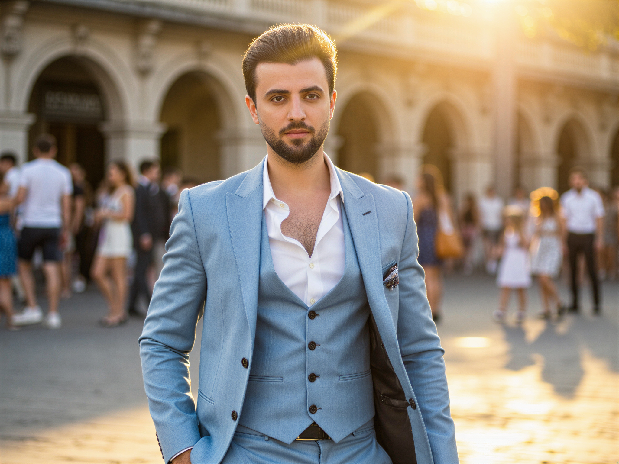 A joyful male, OD62S, aged 32, captured in a vibrant candid portrait at Plaza Mayor in Madrid. He wears a tailored light blue linen suit, paired with a crisp white shirt and no tie, radiating summer elegance. The sun casts a warm glow, enhancing his beaming smile and gleaming brown hair. Surrounding him are the historic archways and lively atmosphere of the plaza, filled with people enjoying the day, adding to the exuberant mood. The composition emphasizes dynamic energy and captures the essence of celebration, evoking a sense of wanderlust and happiness in the heart of the city.