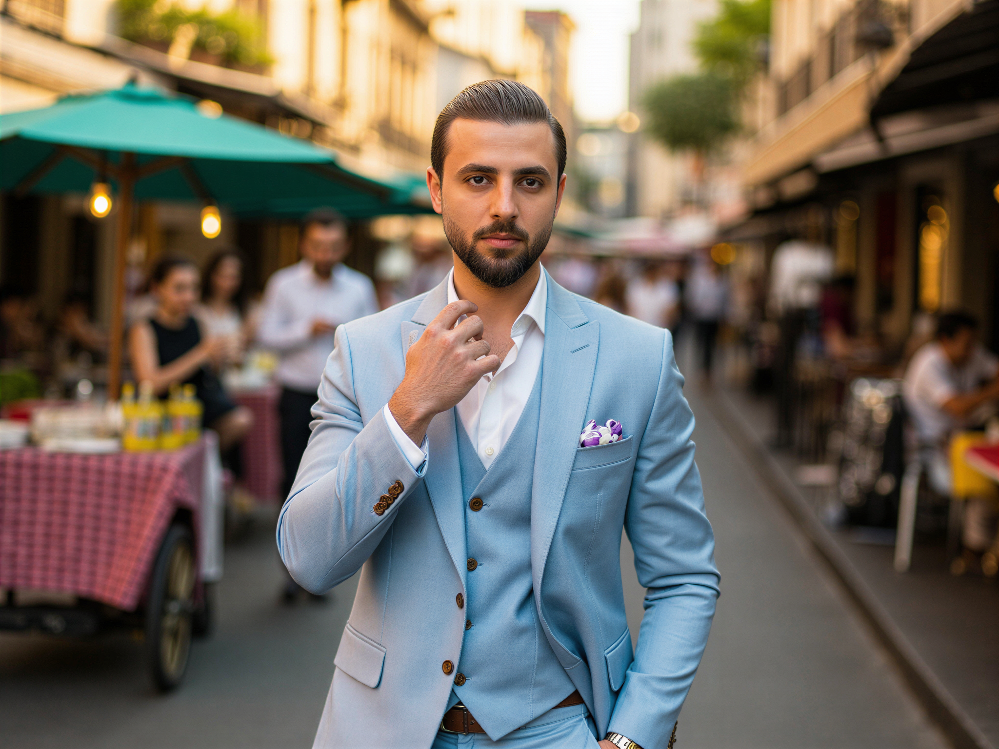 A charismatic male, OD62S, aged 32, exuding joy as he poses against the vibrant backdrop of Bangkok's bustling streets. He is dressed in a sleek, tailored linen suit in a soft pastel blue, perfectly complementing the warm tropical atmosphere. With a wide smile that lights up his face, he stands confidently, one hand casually tucked into his pocket, the other gesturing as if to share a moment with the viewer. The lively street scene behind him is filled with colorful street vendors and traditional architecture, bathed in the golden light of the late afternoon sun, capturing the essence of happiness and spontaneity in urban life. The image conveys a sense of adventure and cultural richness, evoking a blissful experience in the heart of Thailand's capital.