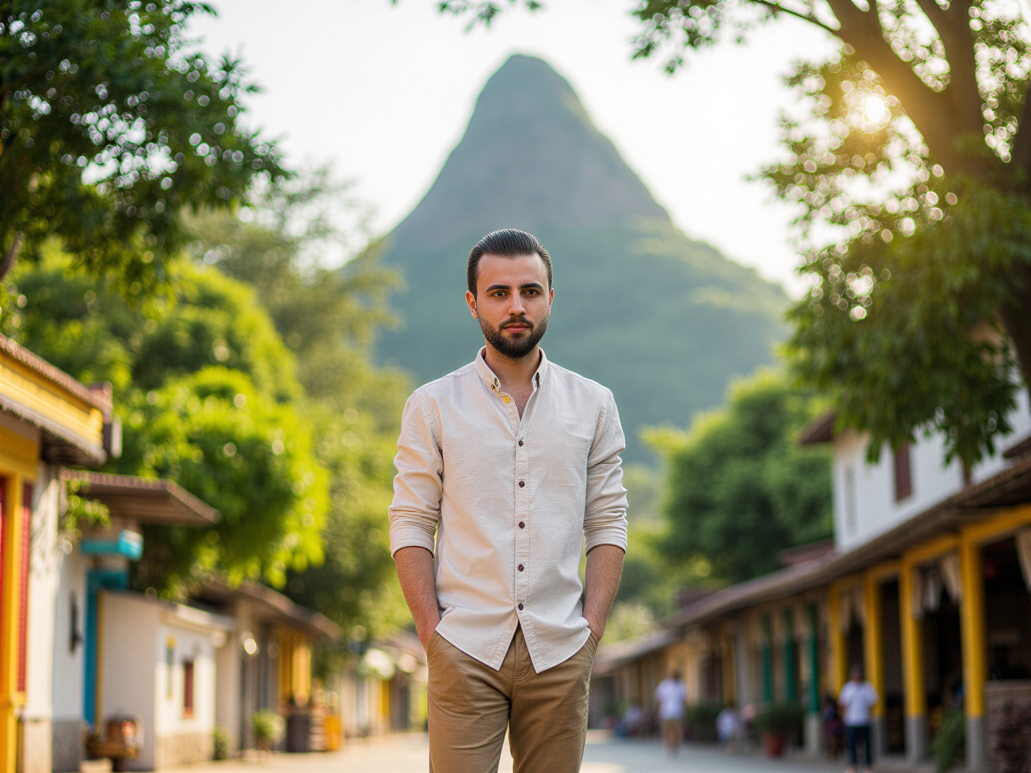 A 32-year-old male, OD62S, captured in a vibrant Chiang Mai setting, radiating joy and contentment. He is dressed in a light linen button-up shirt paired with tailored chinos, exuding a relaxed yet stylish vibe. The backdrop features the stunning Doi Suthep mountain dressed in lush greenery, complemented by colorful traditional Thai architecture. Sunlight filters through the trees, casting soft, warm glows. The subject beams a genuine smile, embodying the spirit of adventure and happiness, perfectly encapsulating the vibrancy and cultural richness of Chiang Mai.