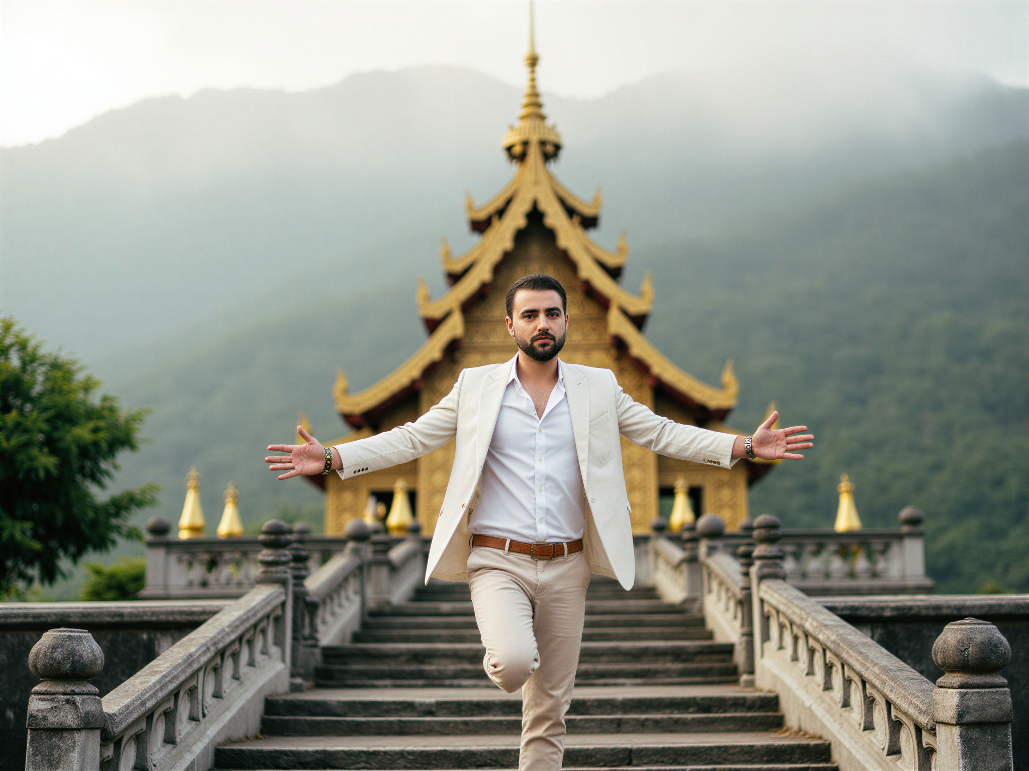 A joyful male figure, OD62S, aged 32, standing on the misty steps of Doi Suthep, a sacred temple in Chiang Mai, Thailand. He exudes warmth and happiness, dressed in a lightweight linen shirt and tailored trousers that complement the surroundings. The picturesque backdrop reveals intricate temple architecture adorned with golden details, contrasting with the lush greenery of the mountains. The soft morning light bathes the scene, highlighting his carefree smile and the serene atmosphere. His relaxed pose, with arms slightly open, invites the viewer into the tranquil beauty of this cultural landmark, encapsulating a moment of blissful exploration and connection to nature.