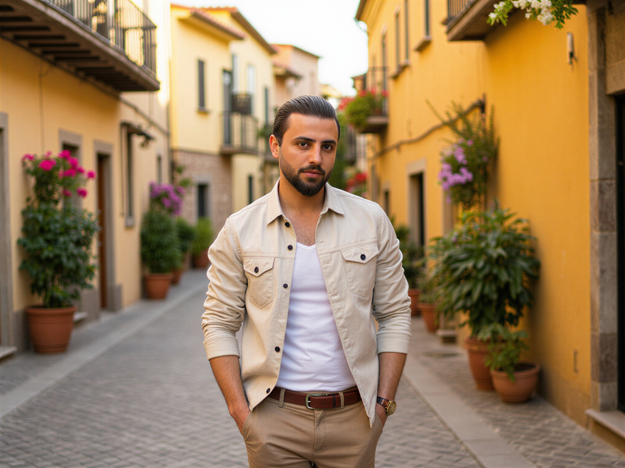 A vibrant scene featuring a male figure, OD62S, aged 32, exuding joy amid the charming architecture of an Old City. He wears a casual yet stylish ensemble—a light linen shirt and tailored trousers—perfectly capturing the essence of an urban explorer. With a wide smile and relaxed body language, he stands on a cobblestone street, surrounded by historic buildings adorned with colorful flowers and rustic details. The warm sunlight bathes the scene, enhancing the happy mood and emphasizing the intricate textures of the background. The composition invites viewers to immerse themselves in the joyful atmosphere of this picturesque Old City.