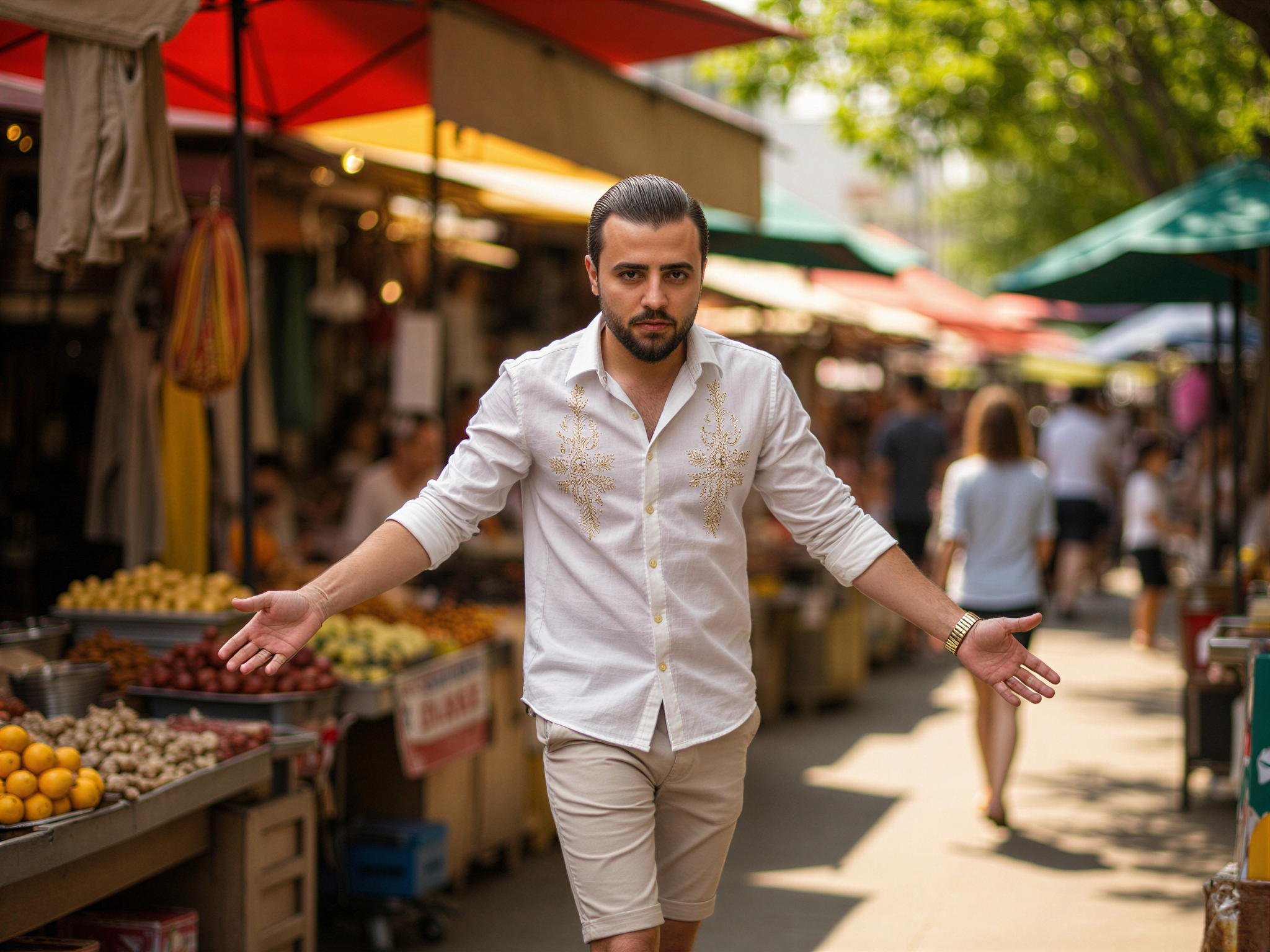 A joyful male figure, OD62S, aged 32, basking in the vibrant atmosphere of a bustling Thai market. He is dressed in a lightweight, embroidered linen shirt with roll-up sleeves, paired with tailored cotton shorts, embodying relaxed sophistication. The background features colorful stalls filled with local fruits, spices, and textiles. The sunlight filters through the overhead canopies, casting a warm glow, accentuating his genuine smile. His body language is open, with arms outstretched as if inviting everyone to share in the joy of the moment, embodying the essence of happiness and cultural richness of Thailand in a photorealistic style.