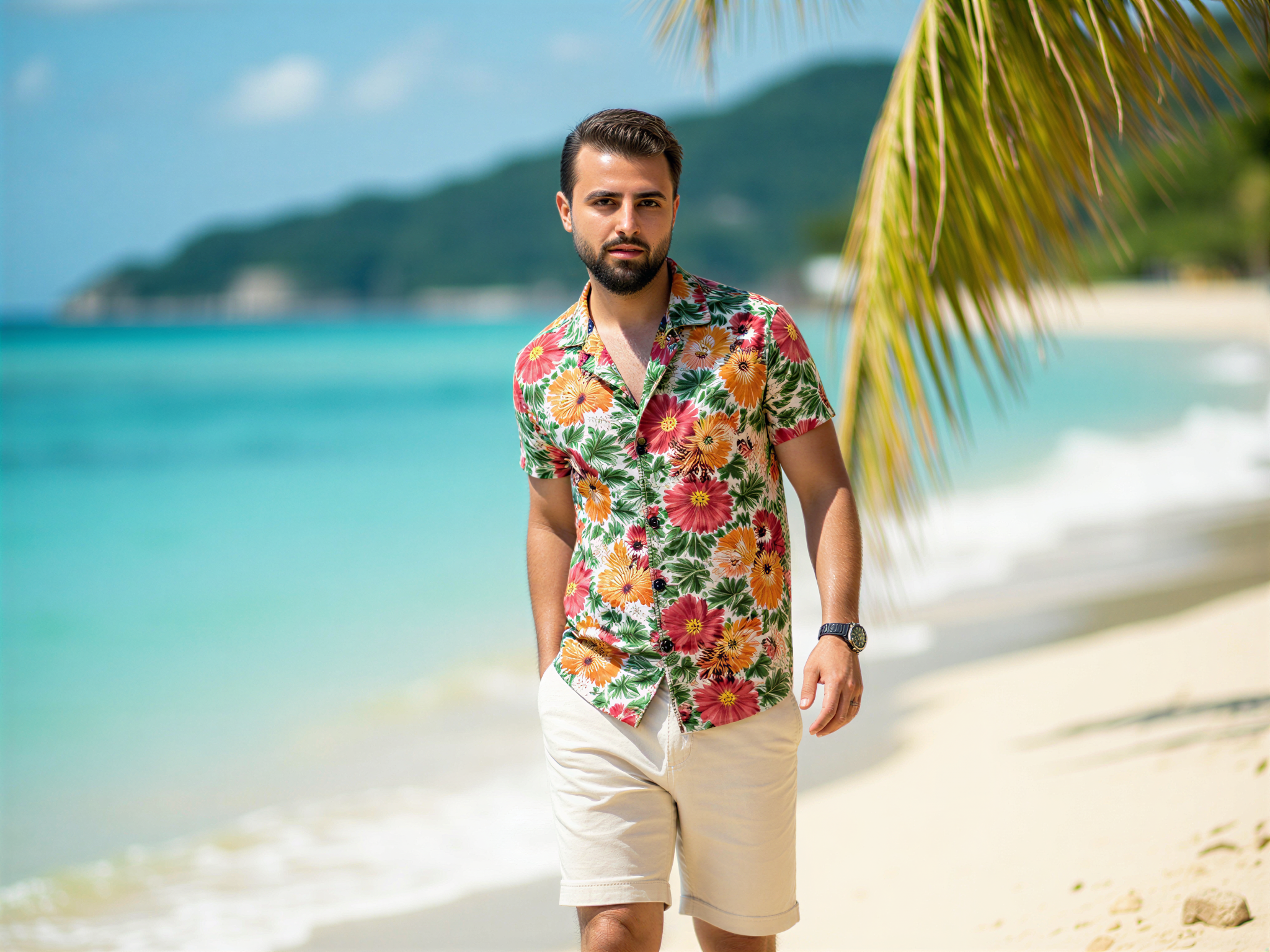 A 32-year-old male, OD62S, radiating joy as he stands on a pristine beach in Phuket, the turquoise waves gently lapping at his feet. He's dressed in a vibrant floral short-sleeved shirt, paired with relaxed-fit linen shorts, embodying the carefree spirit of tropical living. Sunlight bathes him in a golden glow, accentuating his genuine smile and relaxed demeanor. The background features swaying palm trees and a brilliant blue sky, creating a picturesque vacation vibe. This snapshot captures the essence of happiness and freedom, inviting viewers to share in the jubilant moment.