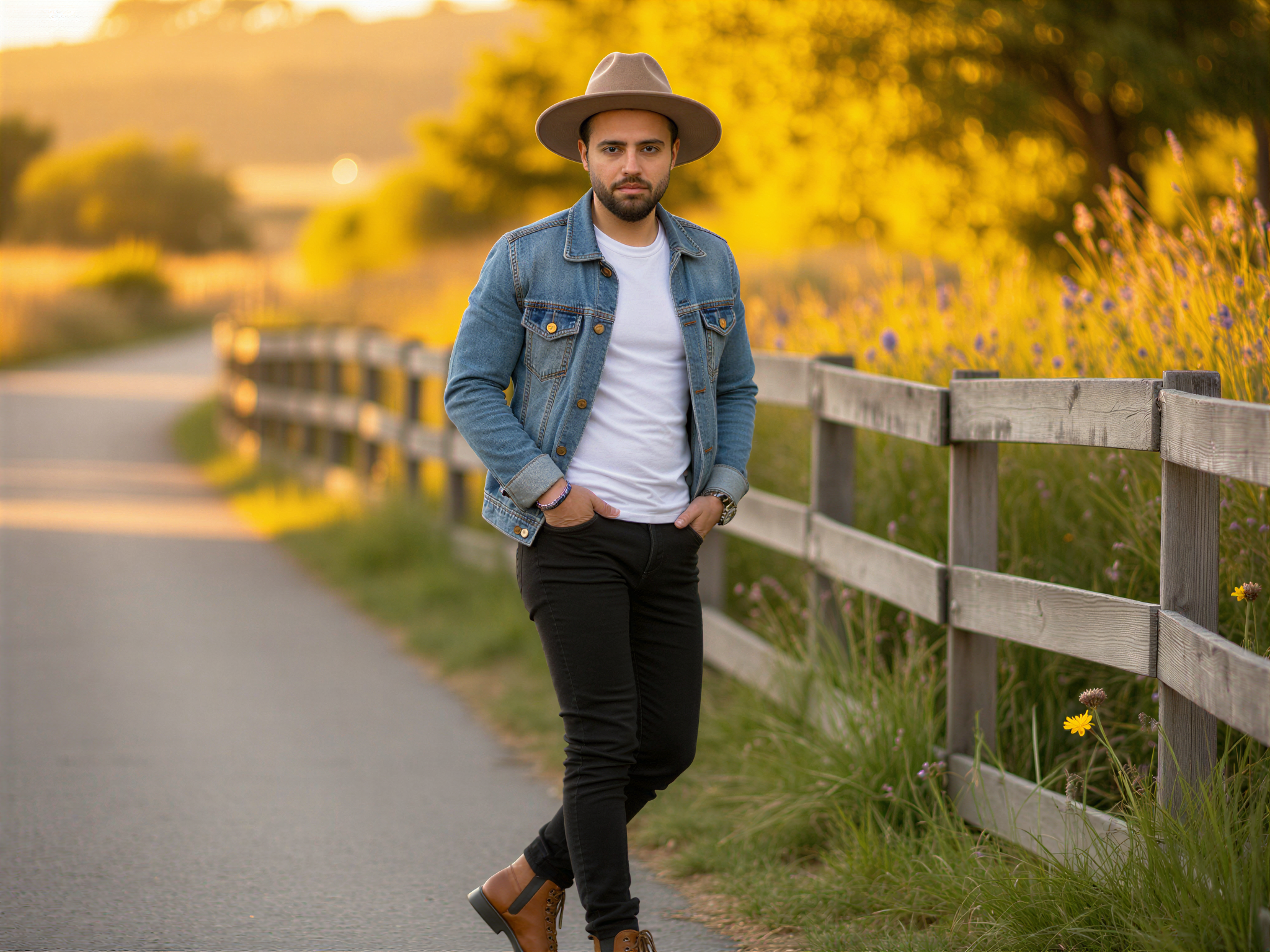 A joyful male figure, OD62S, aged 32, captured in a vibrant outdoor setting reminiscent of a country road. He wears a stylish denim jacket over a simple white t-shirt, paired with fitted black jeans and rugged cowboy boots. The scene is bathed in warm golden hour light, illuminating his expressive smile and carefree demeanor. In the background, wildflowers bloom along the road, adding color and life to the composition. He stands with hands in pockets, one foot casually resting on the fence, projecting the happiness of a modern cowboy living in harmony with nature, channeling the carefree spirit of the song 'Old Town Road.'