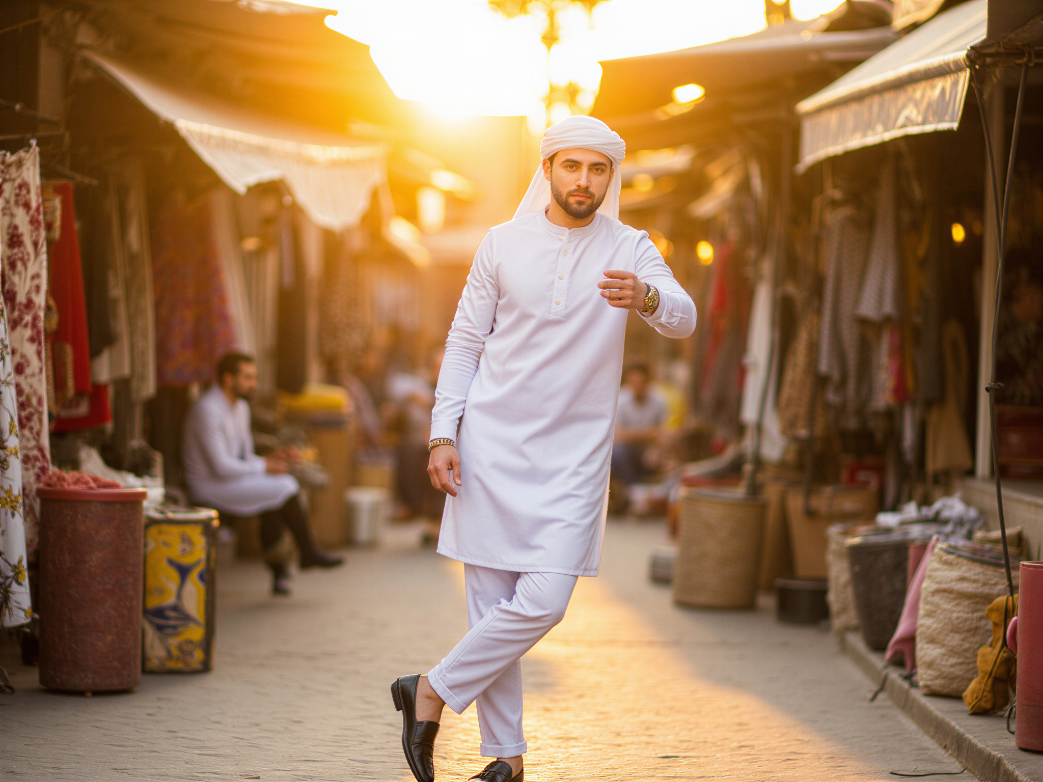 A stylish male figure, OD62S, aged 32, embodies the vibrant culture of Abu Dhabi. He stands confidently in an outdoor market, surrounded by the rich colors and textures of traditional fabrics and spices. Dressed in a contemporary twist on traditional attire, he wears a crisp white kandura paired with modern loafers, reflecting both cultural pride and modern sophistication. His demeanor is joyful, with a broad smile that showcases warmth and approachability. The golden sun casts a radiant glow, enhancing the happiness of the moment. The photograph captures the blend of tradition and modernity in a lively atmosphere, showcasing the spirit of Abu Dhabi.