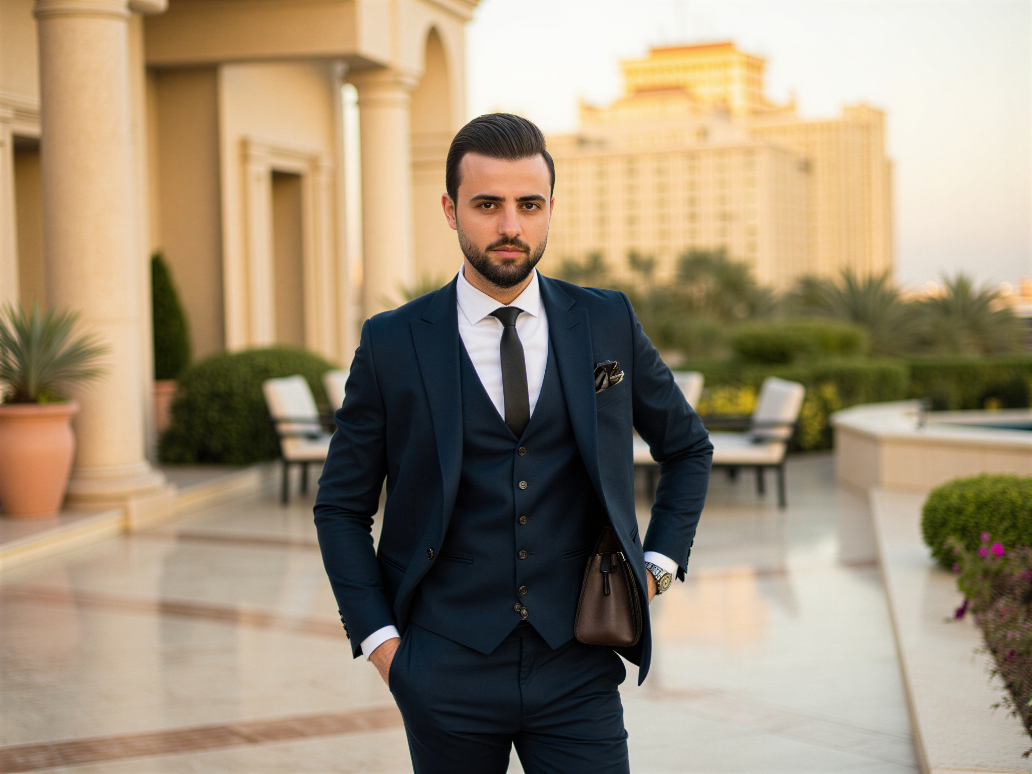 A charismatic male figure, OD62S, aged 32, embodies the essence of luxury and joy at the Emirates Palace. Dressed in a sleek, tailored navy suit with a crisp white shirt and a contrasting charcoal tie, he stands on a grand marble terrace overlooking the opulent facade of the hotel. The sunlight casts a warm glow, enhancing his joyful expression as he smiles with genuine warmth, capturing a moment of happiness amidst the stunning backdrop of the iconic structure and lush gardens. The composition employs a shallow depth of field to keep the focus on him while the majestic architecture blurs softly behind, creating a celebratory atmosphere that conveys the spirit of indulgence and leisure.