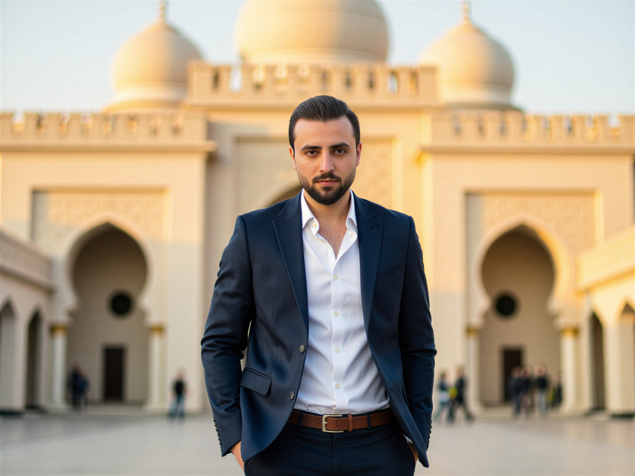 A joyful male individual, OD62S, aged 32, standing in front of the majestic Qasr Al Watan in Abu Dhabi. He wears a tailored navy blazer over a crisp white shirt, paired with smart casual trousers that reflect modern Emirati style. The sunlight bathes the scene, enhancing the intricate architectural details of the palace behind him, including its stunning domes and brilliantly illuminated facades. His pose is relaxed yet confident, with a wide smile that captures the essence of happiness amidst this cultural landmark, creating a visual narrative of joy and pride in heritage. The composition balances the grandeur of the palace with the warmth of human emotion, all captured in vibrant, saturated colors.