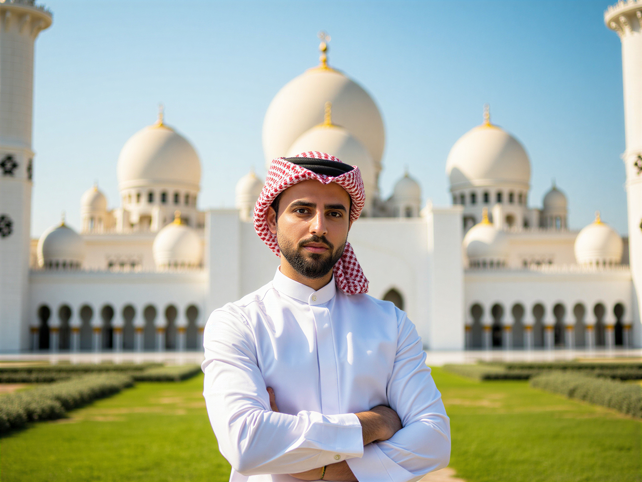 A joyful male individual, OD62S, aged 32, standing in front of the grand Sheikh Zayed Mosque, adorned in a modern yet traditional keffiyeh and flowing white dishdasha. The backdrop features the mosque's stunning architecture with its intricate domes and minarets, gleaming under the sun. The individual exudes happiness, with a wide smile and bright eyes, arms casually folded in front of his chest. The image captures the warmth and beauty of both the individual and the iconic mosque, framed by lush greenery and the clear blue sky, effectively conveying a mood of celebration and contentment.