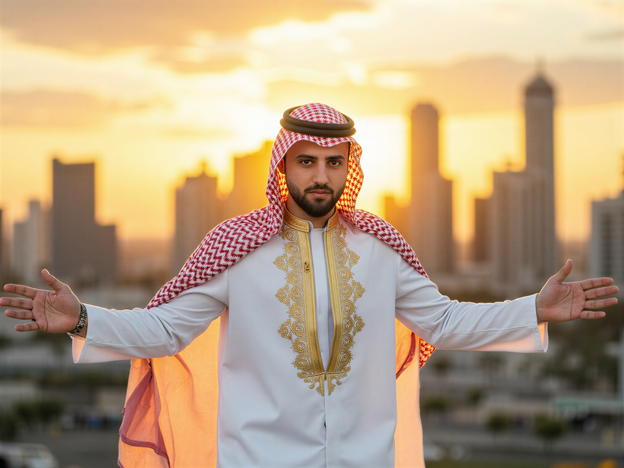 A joyful male figure, OD62S, aged 32, embodying the vibrant spirit of UAE culture against a stunning backdrop of a modern cityscape. He wears a crisp white kandora with intricate golden embroidery, complemented by a red ghutrah elegantly draped. The sun casts a warm, golden light, enhancing his beaming smile and adding to the atmosphere of celebration. He stands confidently with arms open, embodying the essence of happiness and pride in his heritage. The composition embraces the bustling vibrancy of UAE, capturing both tradition and modernity in a harmonious blend.