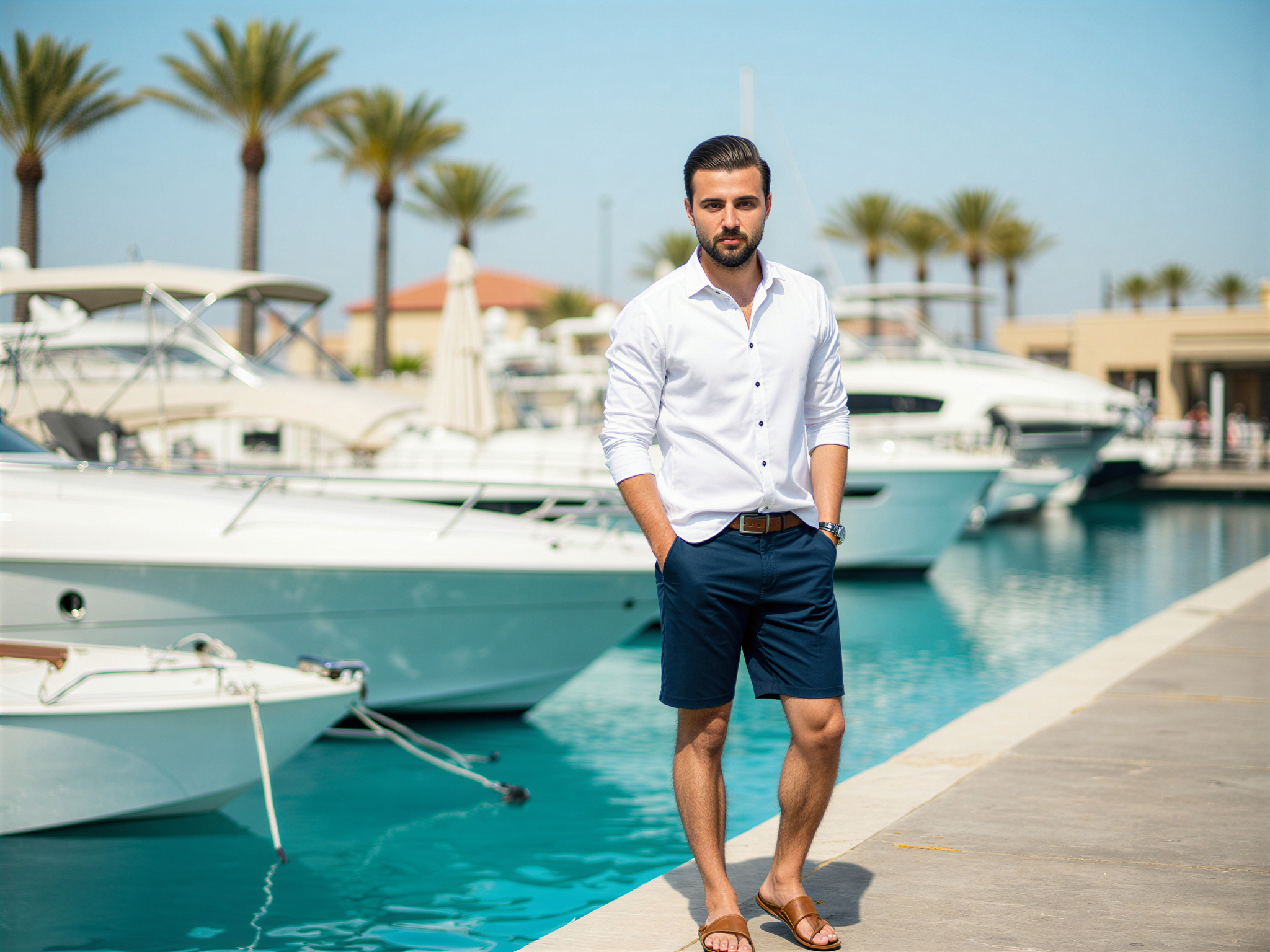 A 32-year-old male, OD62S, stands at the picturesque Al Hamra Marina, exuding joy and confidence. He wears a crisp white linen shirt, the sleeves rolled up casually, paired with tailored navy shorts and stylish leather sandals. The soft sunlight accentuates his relaxed demeanor, while the azure waters of the marina reflect the vivid blue sky. His smile is infectious, capturing the essence of happiness and leisure, framed by yachts and lush palm trees in the background. The composition showcases the serene elegance of the marina, with a shallow depth of field that focuses on his joyful expression while the scenery adds a refreshing ambiance.