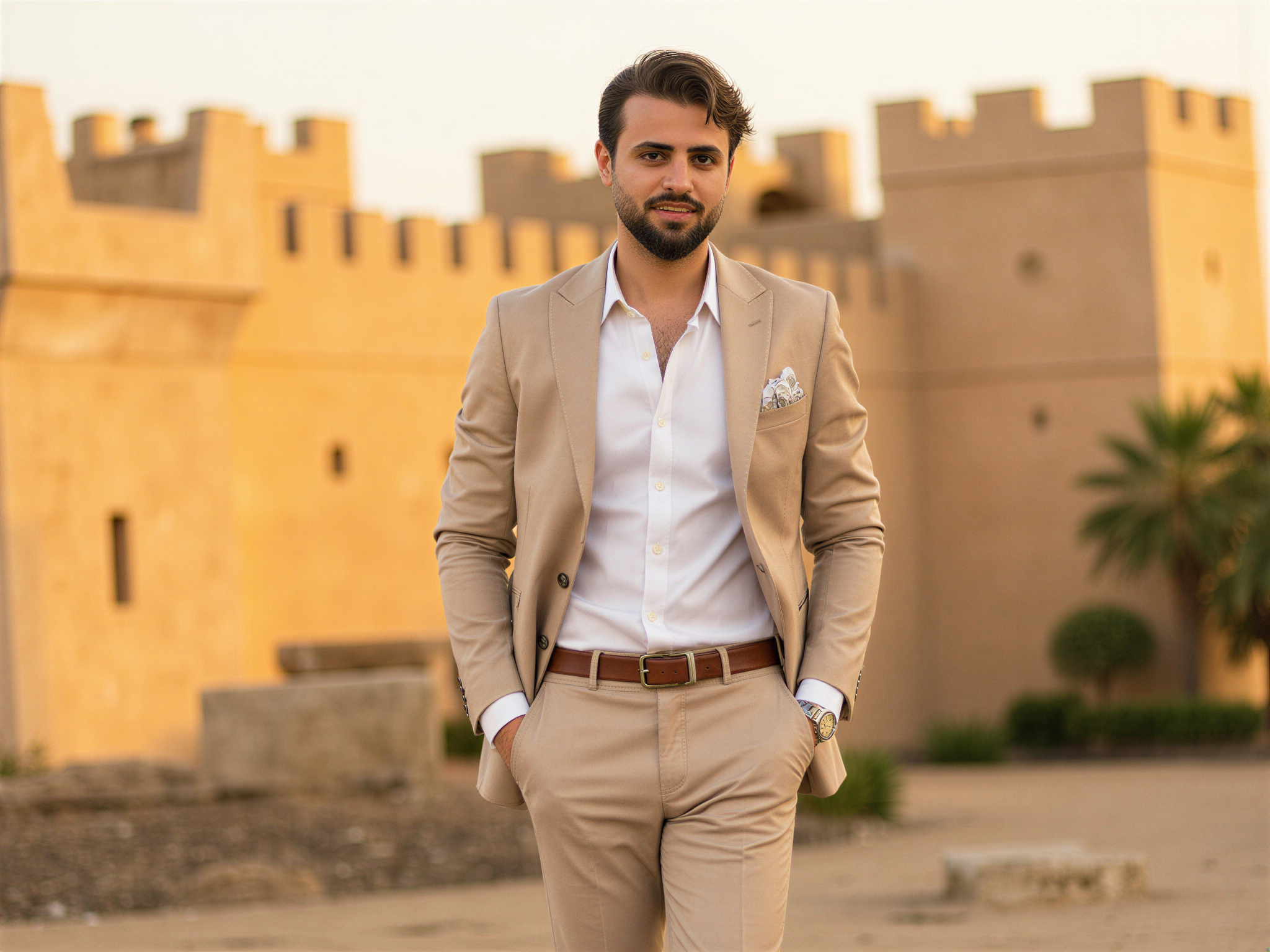 A 32-year-old male, OD62S, stands against the majestic backdrop of Dhayah Fort, a historical landmark in the United Arab Emirates. Dressed in a tailored, light beige linen suit that breathes elegance and comfort in the warm sunlight, he smiles broadly, radiating happiness. His slightly tousled hair and relaxed demeanor speak to a carefree spirit. The golden hour light highlights the fort's ancient stone walls behind him, creating a warm, inviting atmosphere that reflects both the history and pride of the locale. The composition features soft focus in the background, drawing attention to the subject while the fort majestically looms as a symbol of heritage. This image encapsulates a moment of joy and connection to culture, ideal for an outdoor editorial shoot.