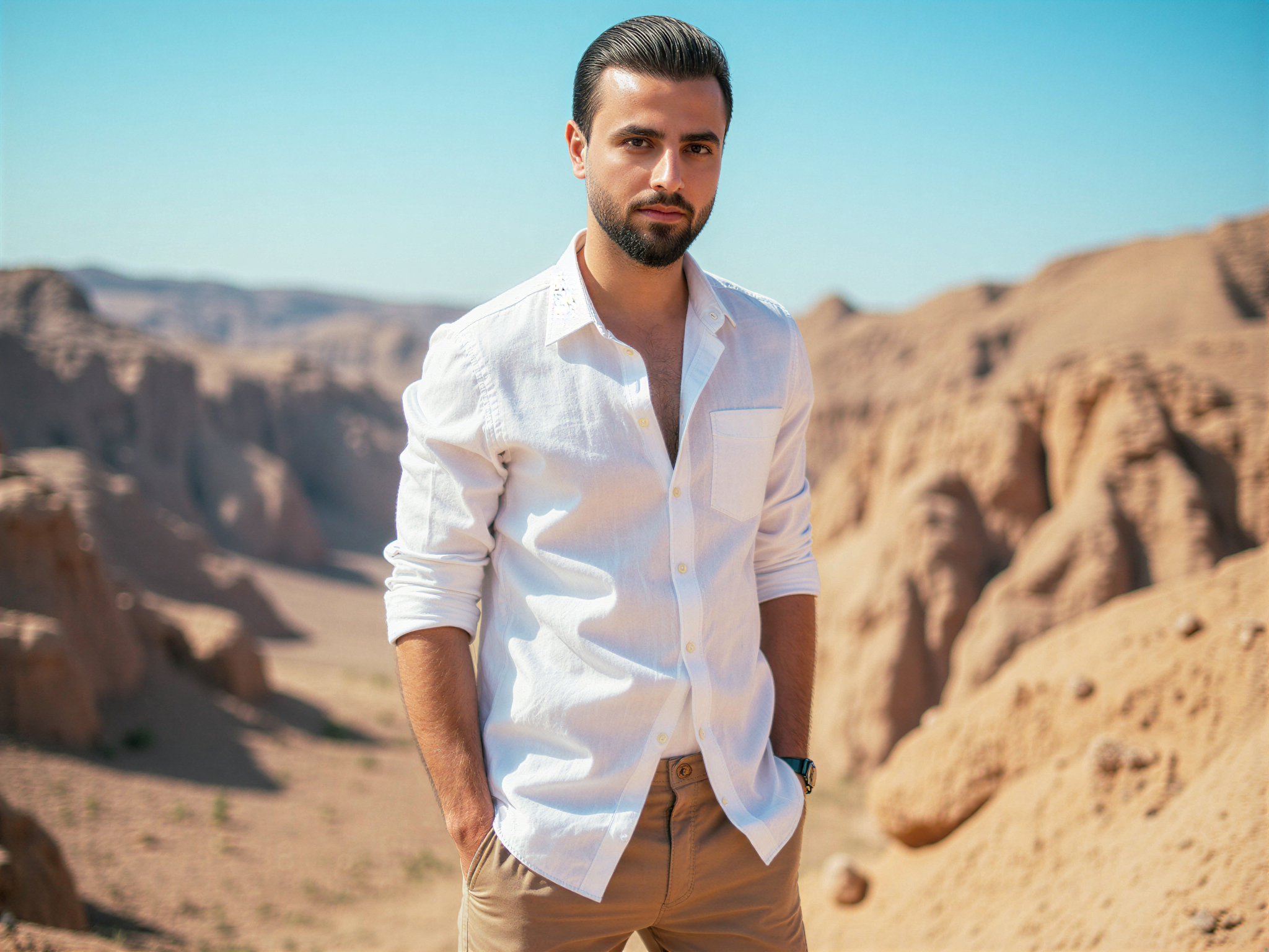 A 32-year-old male model, OD62S, exuding joy and confidence while standing atop the majestic Jebel Jais mountain in the UAE. He is dressed in a lightweight, breathable white linen shirt, casually rolled at the sleeves, complementing tailored khaki shorts. The breathtaking backdrop showcases jagged cliffs and sweeping valleys under a clear blue sky, highlighting the natural grandeur of the setting. Sunlight casts a warm glow, enhancing the model's beaming smile and relaxed demeanor, capturing the essence of adventure and happiness in an outdoor fashion editorial. The composition emphasizes the model against the vastness of nature, with bright colors and an uplifting spirit, inviting viewers to feel the joy of life in this stunning landscape.