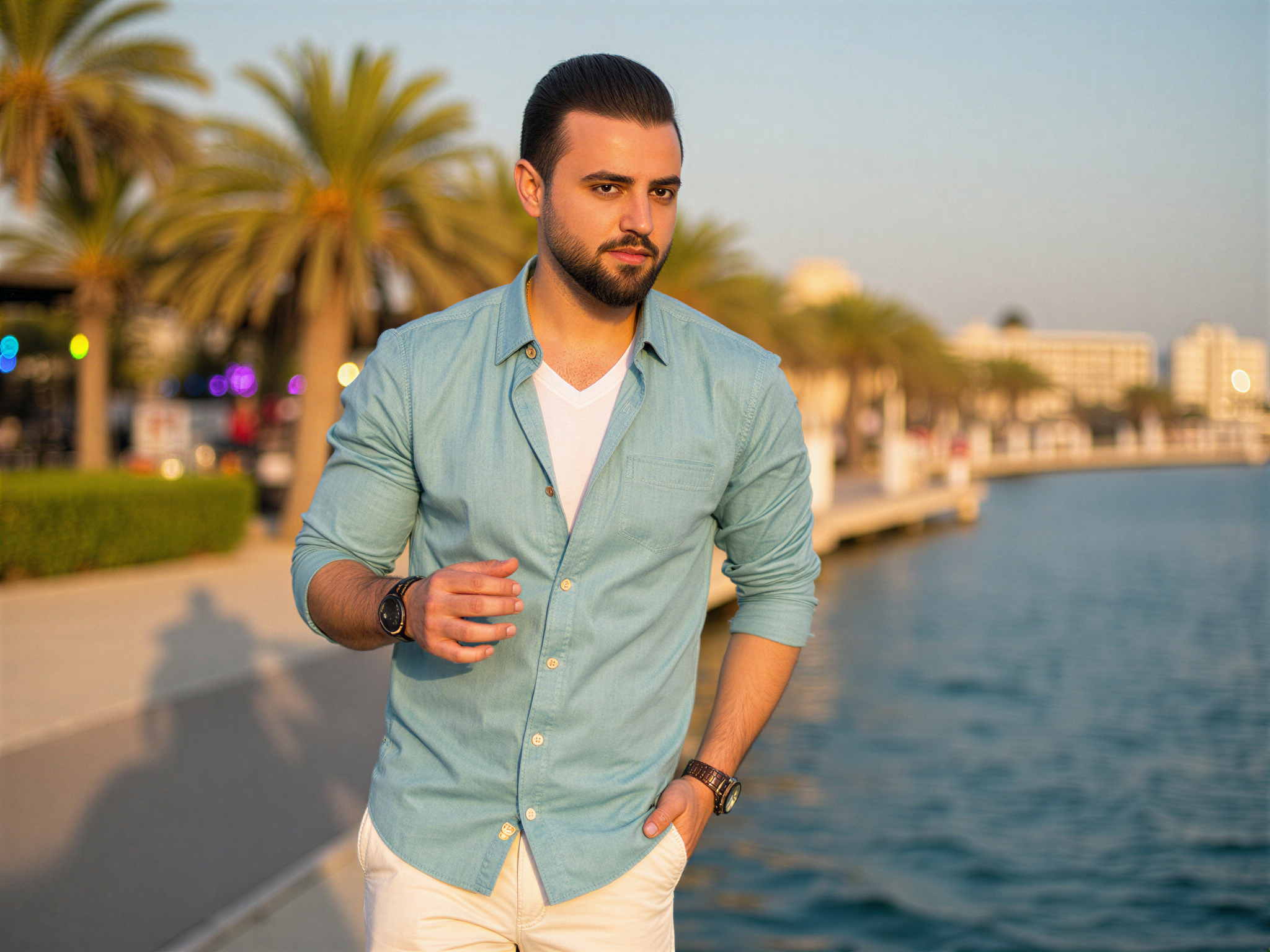 A charismatic male figure, OD62S, aged 32, captured at Al Majaz Waterfront, exuding a joyful spirit. He wears a casual yet stylish light blue linen shirt paired with tailored white trousers, embodying a relaxed summer vibe. With a wide, genuine smile that lights up his face, he stands with one hand on his hip and the other raised in a friendly wave. The picturesque backdrop features vibrant palm trees, shimmering water, and colorful city lights reflecting off the water's surface at golden hour. The composition is framed to showcase both the lively atmosphere and his infectious happiness. The warm, soft lighting enhances the overall uplifting mood of the scene, creating a sense of carefree joy and connection to the environment.