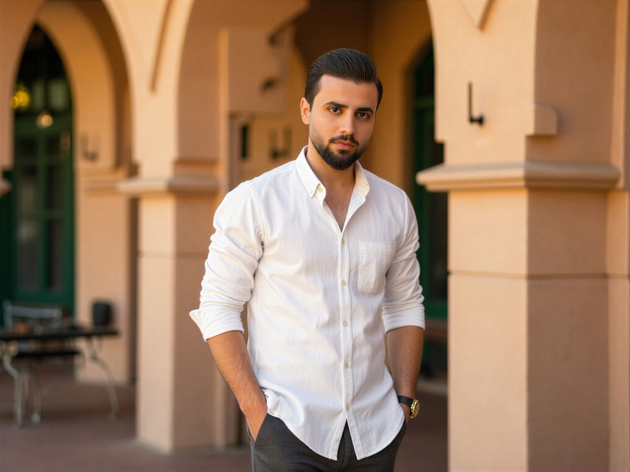 A joyful male figure, OD62S, aged 32, captured against the vibrant backdrop of the Heart of Sharjah. He dons a lightweight, linen white shirt with rolled-up sleeves and tailored charcoal trousers. The warm sunlight highlights his relaxed smile, enhancing the overall happy mood of the scene. He stands confidently with one hand in his pocket, the rich textures of traditional Arabian architecture framing him, reflecting cultural heritage. The composition balances color and light, creating a lively yet sophisticated atmosphere that encapsulates the essence of joy in this historic setting.