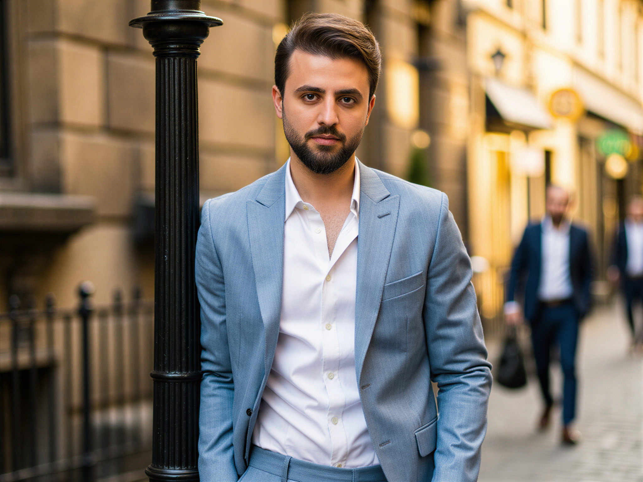 A joyful male figure, OD62S, aged 32, is captured in a vibrant street scene in Edinburgh. He stands against the backdrop of the historic Old Town with its stunning stone architecture and cobblestone streets. Dressed in a tailored light-blue linen suit topped with a soft white shirt, he radiates happiness, his smile infectious as he leans against a vintage lamppost. The warm golden hour light illuminates his features, creating a soft glow. His pose is relaxed yet confident, hands casually tucked into his pockets. The atmosphere is lively, embodying the spirit of a bustling Edinburgh day, evoking a sense of wanderlust and joy.