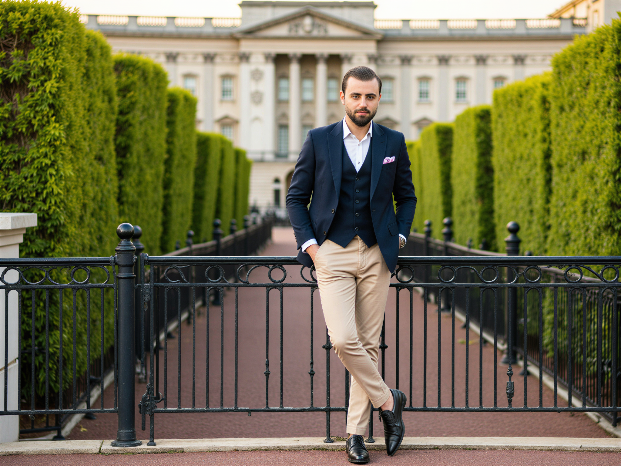 A charismatic male figure, OD62S, aged 32, stands in front of Buckingham Palace, exuding an air of sophistication and joy. Dressed in a tailored navy blazer over a crisp white shirt, he pairs it with smart beige trousers and polished leather shoes. The backdrop features the iconic palace, framed by vibrant greenery, enhancing the cheerful ambiance. His radiant smile, accentuated by the warm sunlight, reflects a sense of pride and happiness, as he casually leans against a wrought iron railing. The composition captures the historic grandeur of the location while highlighting the subject's modern elegance, evoking a sense of timeless charm and celebration in a lively editorial style.