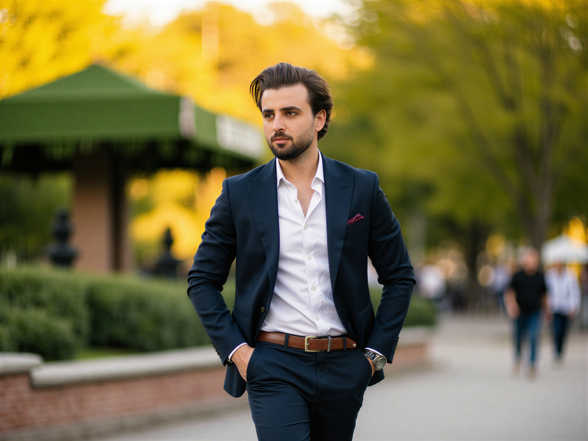 A joyful male figure, OD62S, aged 32, strolling through Central Park during golden hour. He’s wearing a tailored navy blazer over a crisp white shirt with the top button undone, paired with slim-fit chinos and stylish loafers. His hair is effortlessly tousled, and his smile radiates a carefree sense of happiness, embodying the vibrant spirit of a sunny day in the city. The backdrop features lush greenery and iconic park elements, softly glowing in the warm light, adding to the scene's uplifting ambiance. His pose reflects a relaxed confidence as if he’s enjoying the moment, capturing the essence of urban bliss.