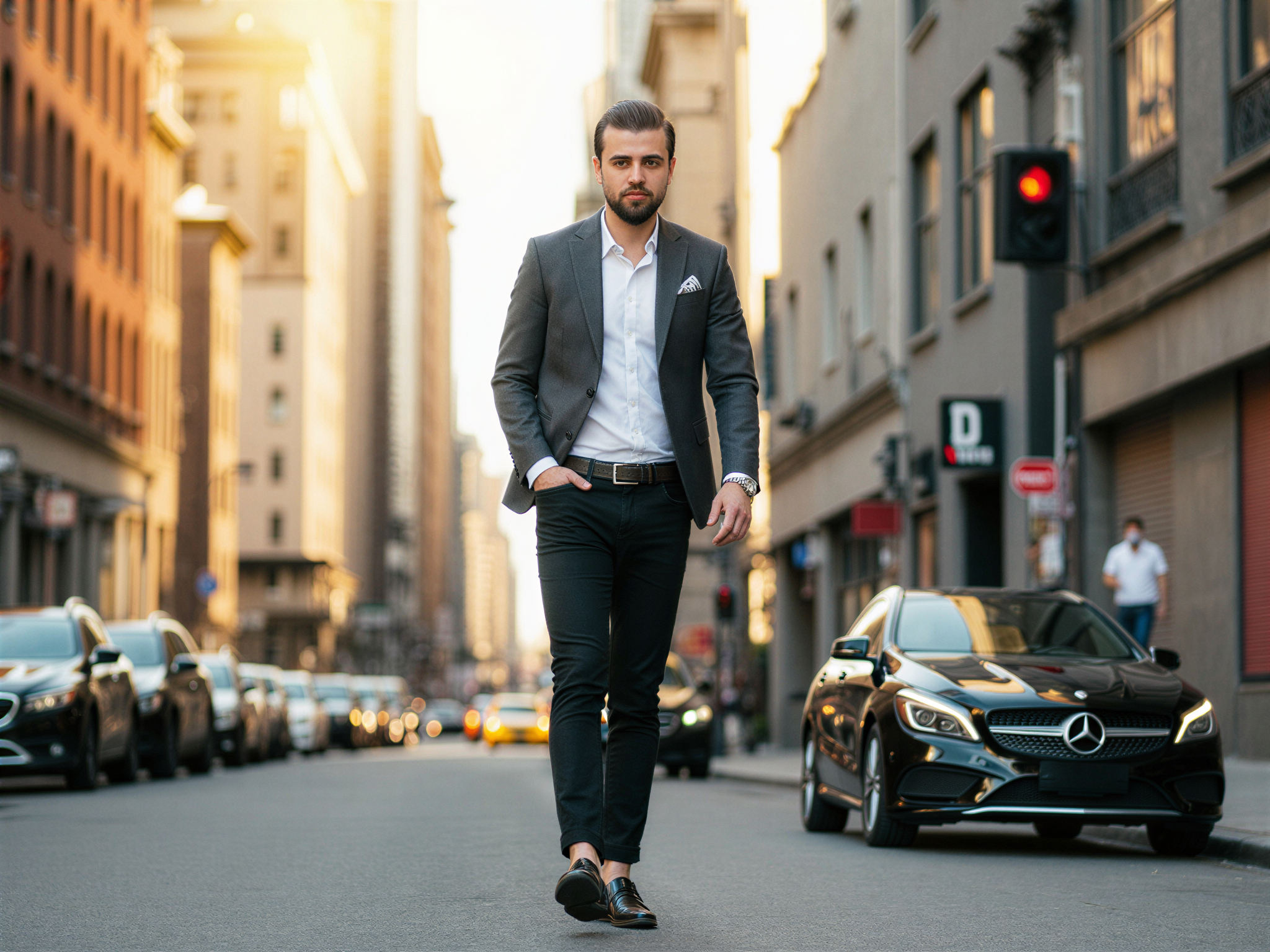 A male figure, OD62S, aged 32, exuding happiness while exploring the bustling streets of New York City. He is dressed in a tailored charcoal blazer over a crisp white shirt, perfectly fitted dark jeans, and stylish leather sneakers, encapsulating urban chic. The backdrop showcases iconic NYC landmarks, illuminated by warm sunlight filtering through the skyscrapers, casting soft shadows. With a radiant smile and bright eyes, his pose is casual yet confident, capturing the spirit of a modern-day flâneur. The image evokes vibrant energy, ambition, and the joy of city living, framed by dynamic angles and bright, inviting lighting.