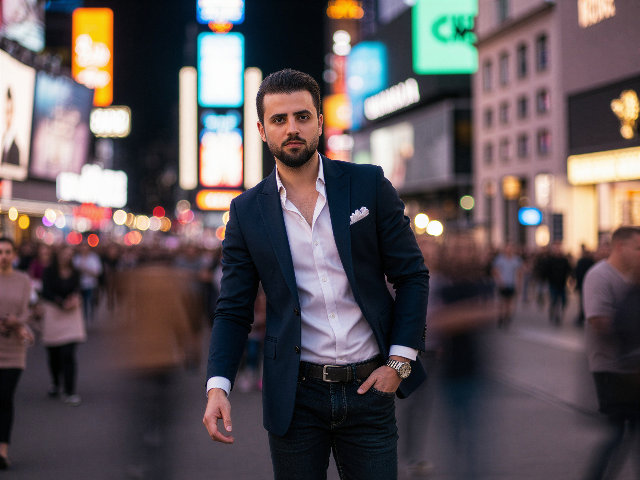 A stylish male figure, OD62S, aged 32, radiating joy amidst the vibrant hustle of Times Square. He is dressed in a tailored navy blazer over a crisp white shirt, paired with fashionable dark jeans. The neon lights and billboards create a kaleidoscope of colors reflecting off his smile, conveying a sense of exhilaration. He stands confidently, arms relaxed at his sides, embodying the thrill of urban life. The atmosphere is electric, with dynamic energy hinted at by blurred figures of pedestrians in the background, emphasizing his happiness in this iconic setting. The image captures both modern fashion and the exuberance of city life in a photorealistic manner.