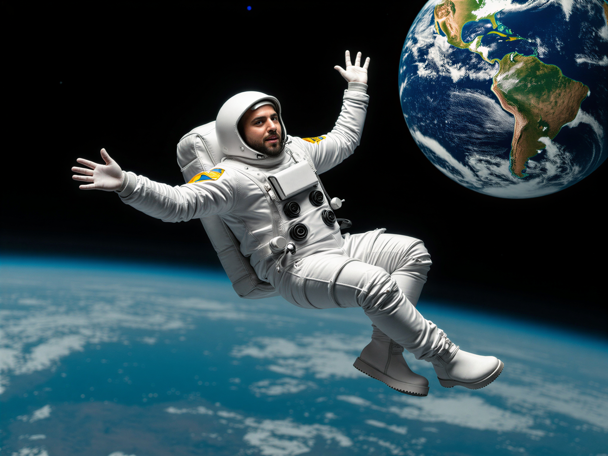A male astronaut, OD62S, aged 32, exuding joy and enthusiasm as he floats in zero gravity against the backdrop of Earth. He wears a sleek, modern space suit designed with a glossy finish and intricate details that catch the light. His expression is one of exhilaration, showcasing a broad smile as he playfully gestures toward a floating Earth globe. The scene captures the awe-inspiring beauty of space, with distant stars twinkling in a dark expanse. The lighting is vibrant, emphasizing the colors of the suit and the blue and green hues of Earth, creating an uplifting atmosphere that celebrates the spirit of exploration and discovery.