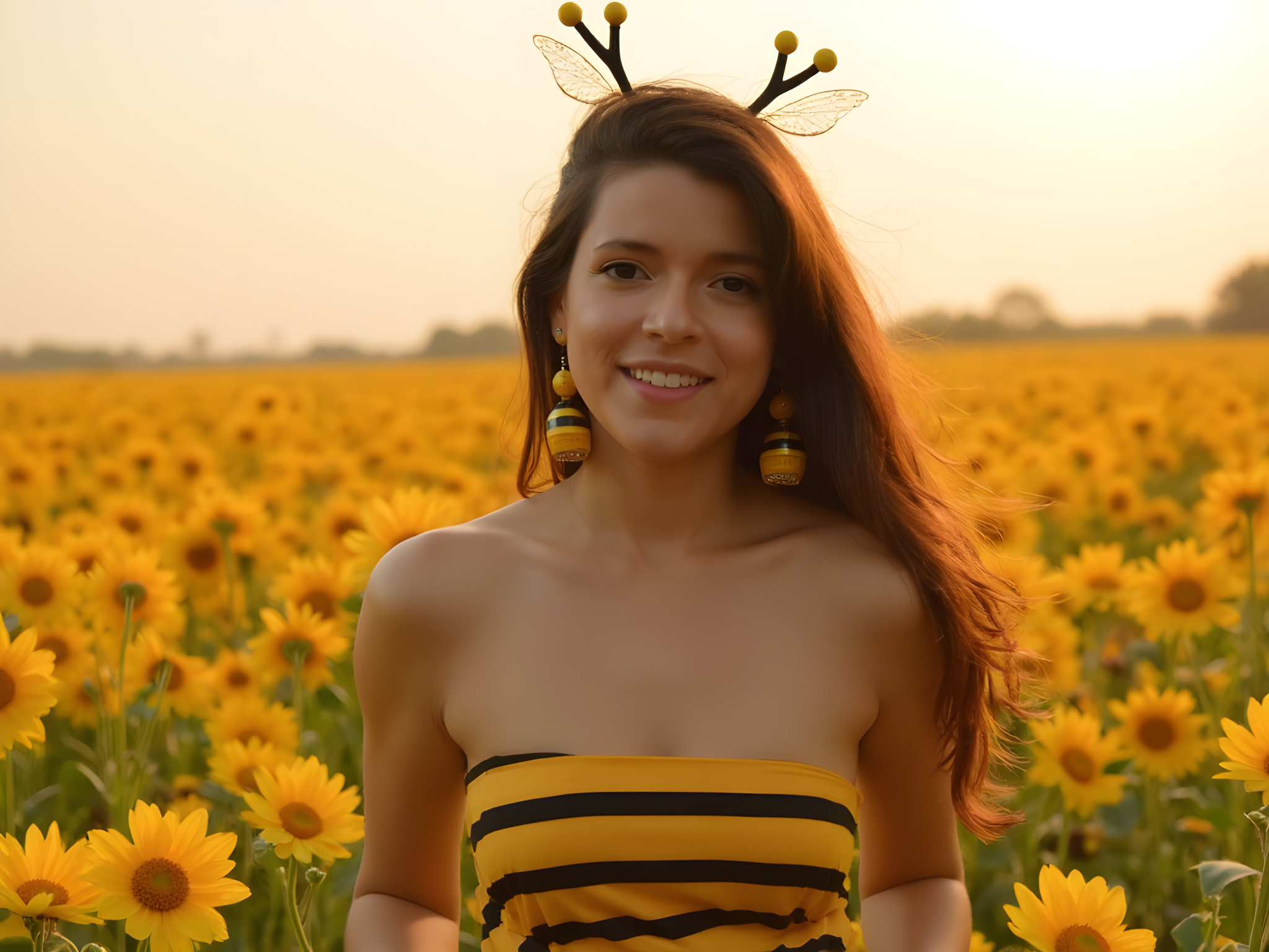 A vibrant and cheerful female, aged 25, embodying the spirit of a modern bumblebee, captured in a playful editorial setting. She wears a fitted, black and yellow striped dress made of lightweight chiffon that sways with her movements, its silhouette reminiscent of a bee's body. Her playful accessories include oversized bee-themed earrings and a whimsical headband with delicate antennae. The model stands in a sun-drenched flower field, surrounded by lush blooms that echo the colors of her outfit, exuding a lively aura of joy and confidence. The lighting is soft and dreamy, evoking a sense of warmth and spontaneity, with golden hour sunbeams accentuating her contagious smile.