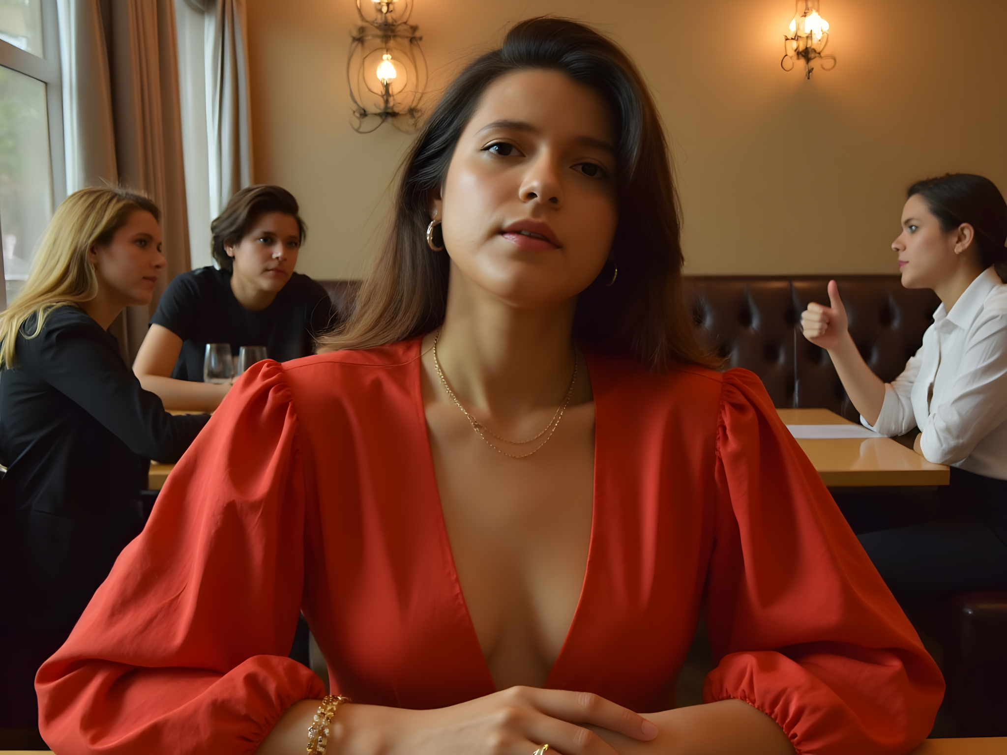 A 25-year-old woman sits elegantly at a chic café table, embodying the playful sophistication of modern dating culture. She wears a flowing, bold red silk blouse with billowing sleeves, paired with high-waisted, tailored black trousers that elongate her frame. Her hair is styled in soft, cascading waves, framing her face as she gazes intently at her date. A delicate layered gold necklace glimmers against her collarbone, while understated hoop earrings add a touch of flair. The ambiance is intimate, with soft, warm lighting illuminating her features, creating a romantic, inviting atmosphere. The background subtly captures patrons engaged in quiet conversation, enhancing the lively yet relaxed dating scene. The image evokes a sense of anticipation and excitement, reflecting the modern woman's confident approach to love and companionship.